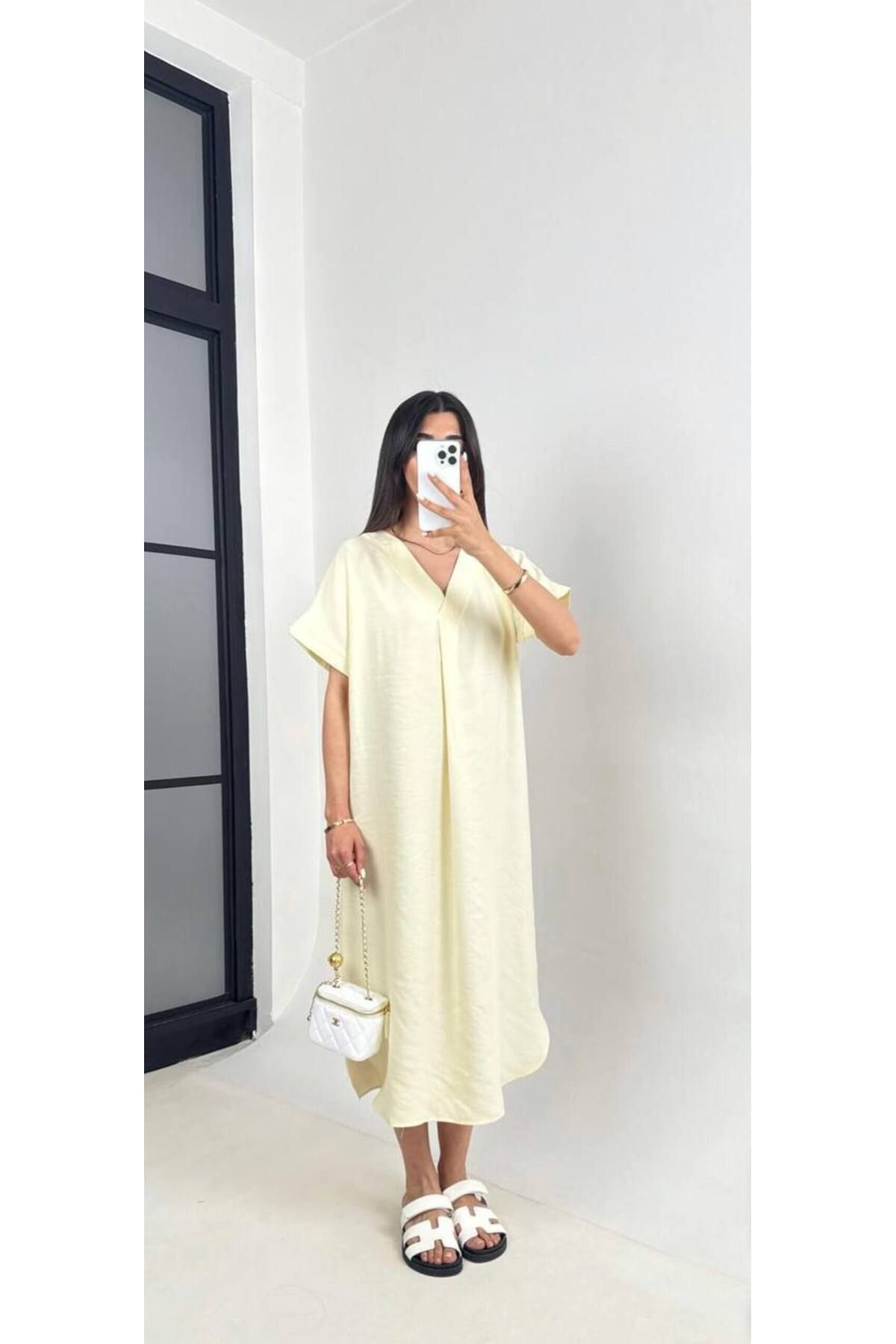 manana fashion V YAKA PREMİUM KUMAŞ TREND KISA KOL MİDİ GÜNLÜK ELBİSE