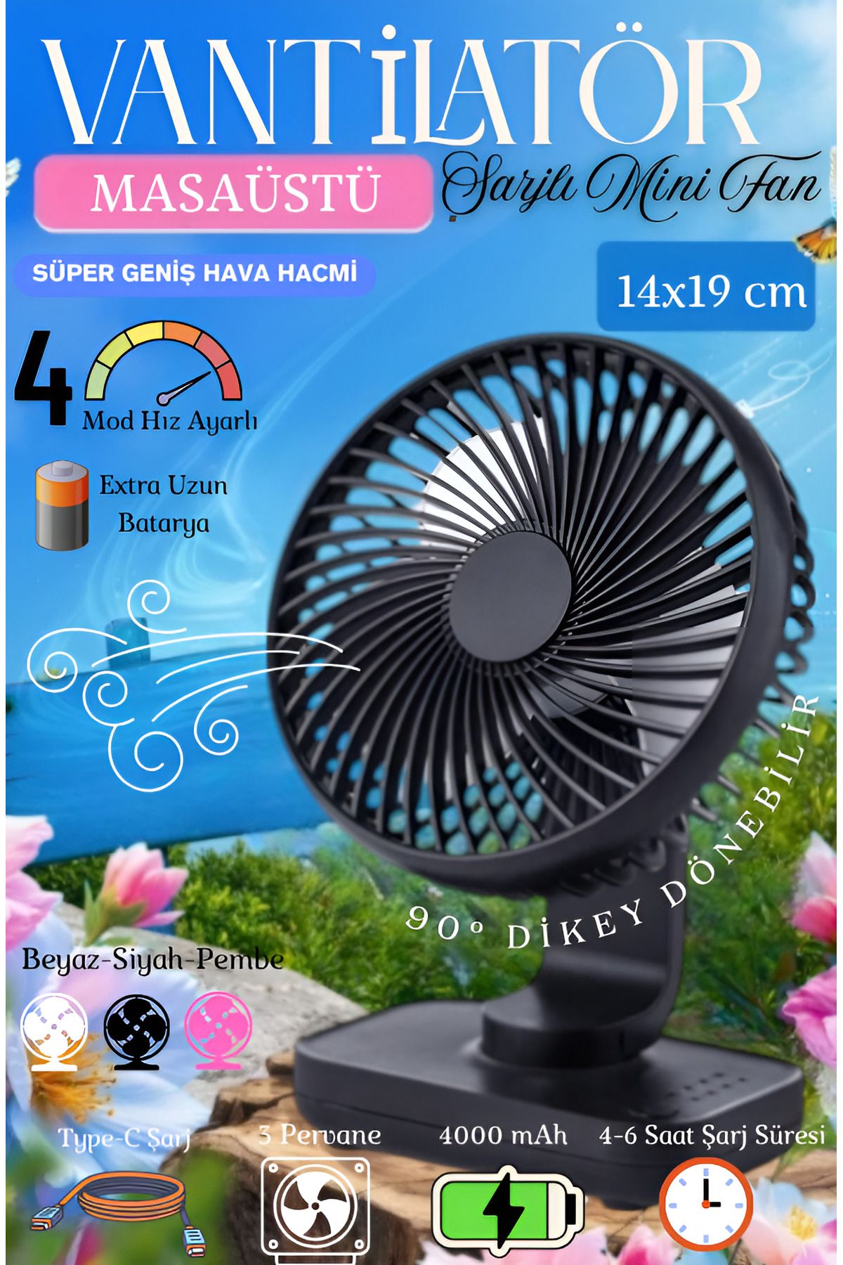 nextbuy Mini Fan Soğutucu Vantilatör Type-C Şarjlı Masa Üstü Klima Taşınabilir 4 Mod Hız Ayarlı Pervane