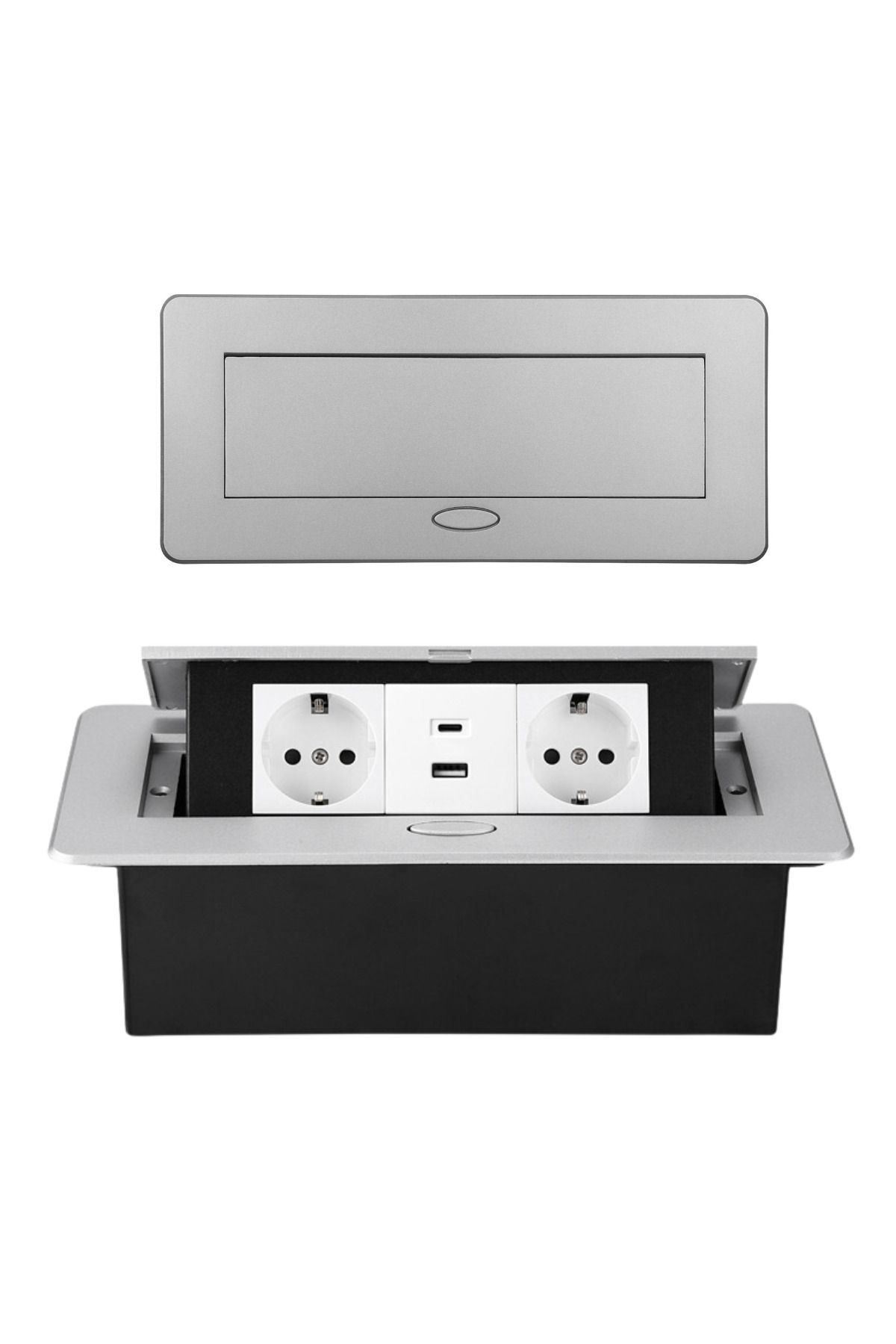 ATOMKIT-Ain Countertop Built-in Socket, 2 EU Inputs, USB-A and USB-C, 2.1a, Lift Button, Silver 4