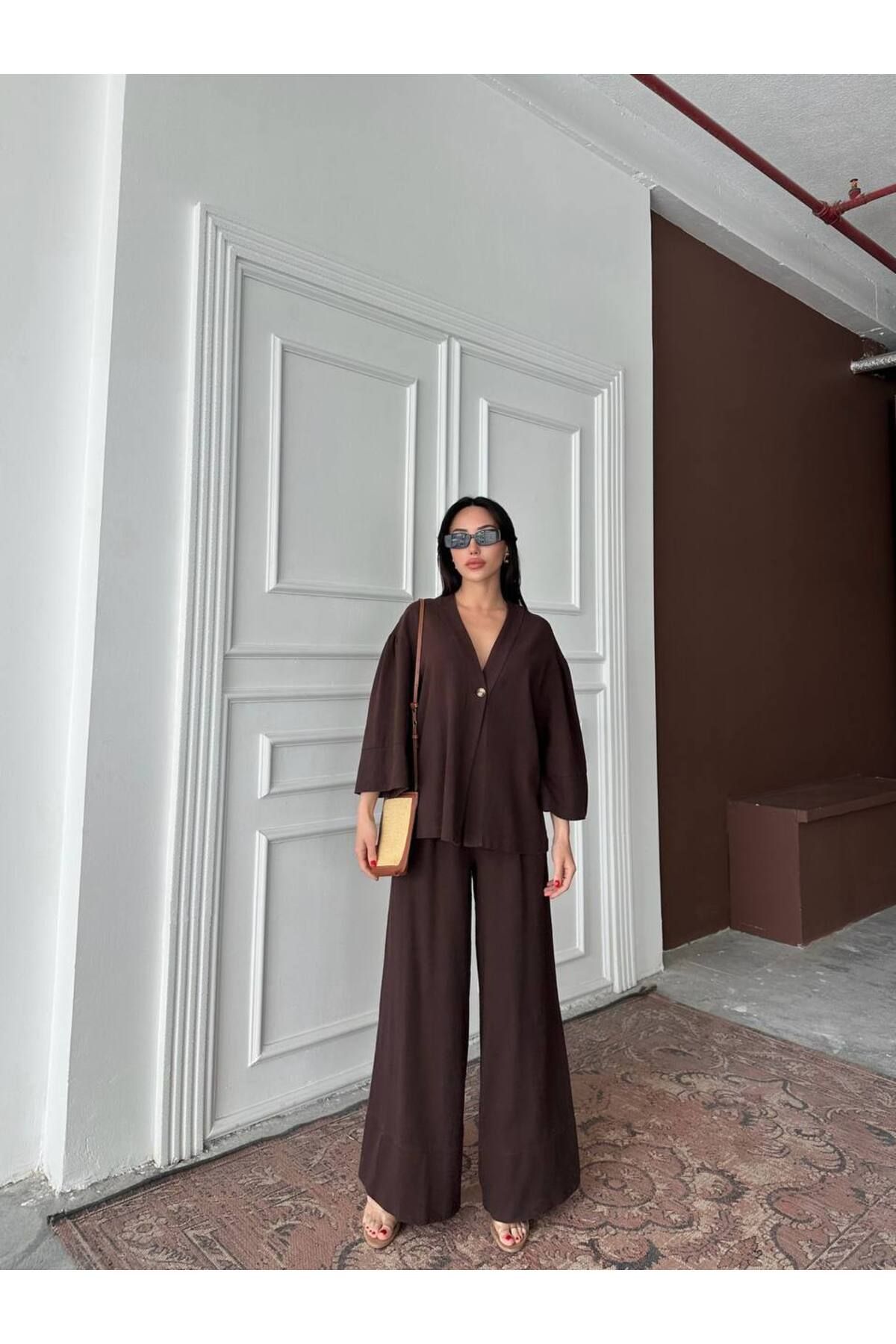 Hotfashion Tek Düğmeli Oversize Kimono Pantolon Takım