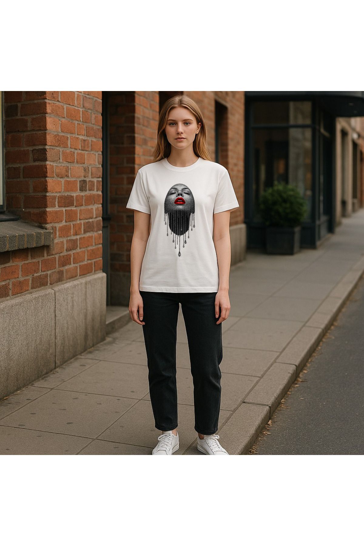 uyguntarz Unisex Pırlantalı Kadın Portresi Tasarım Basklı Tshirt