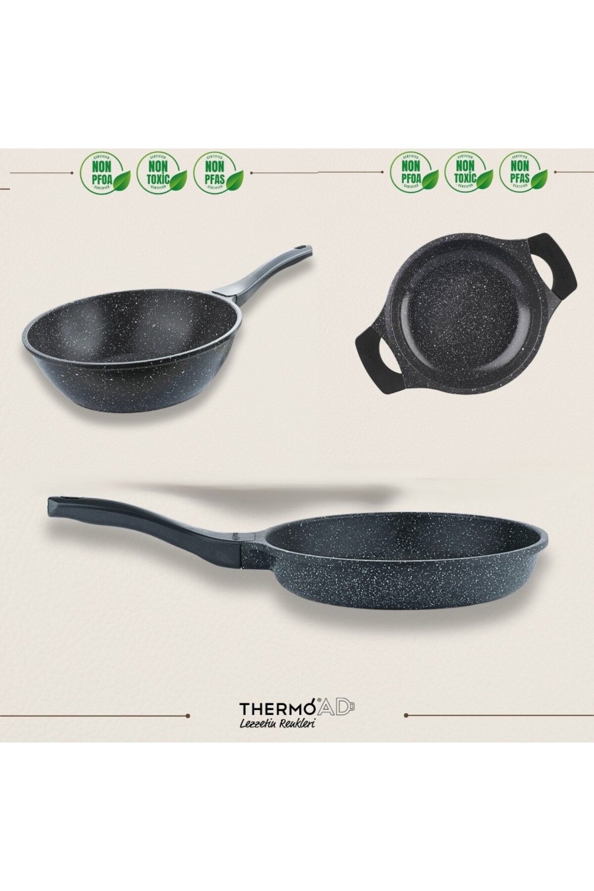 ThermoAD | 28 cm Wok Tava 26 cm Tava ve 20 cm Sahan Set | Gri