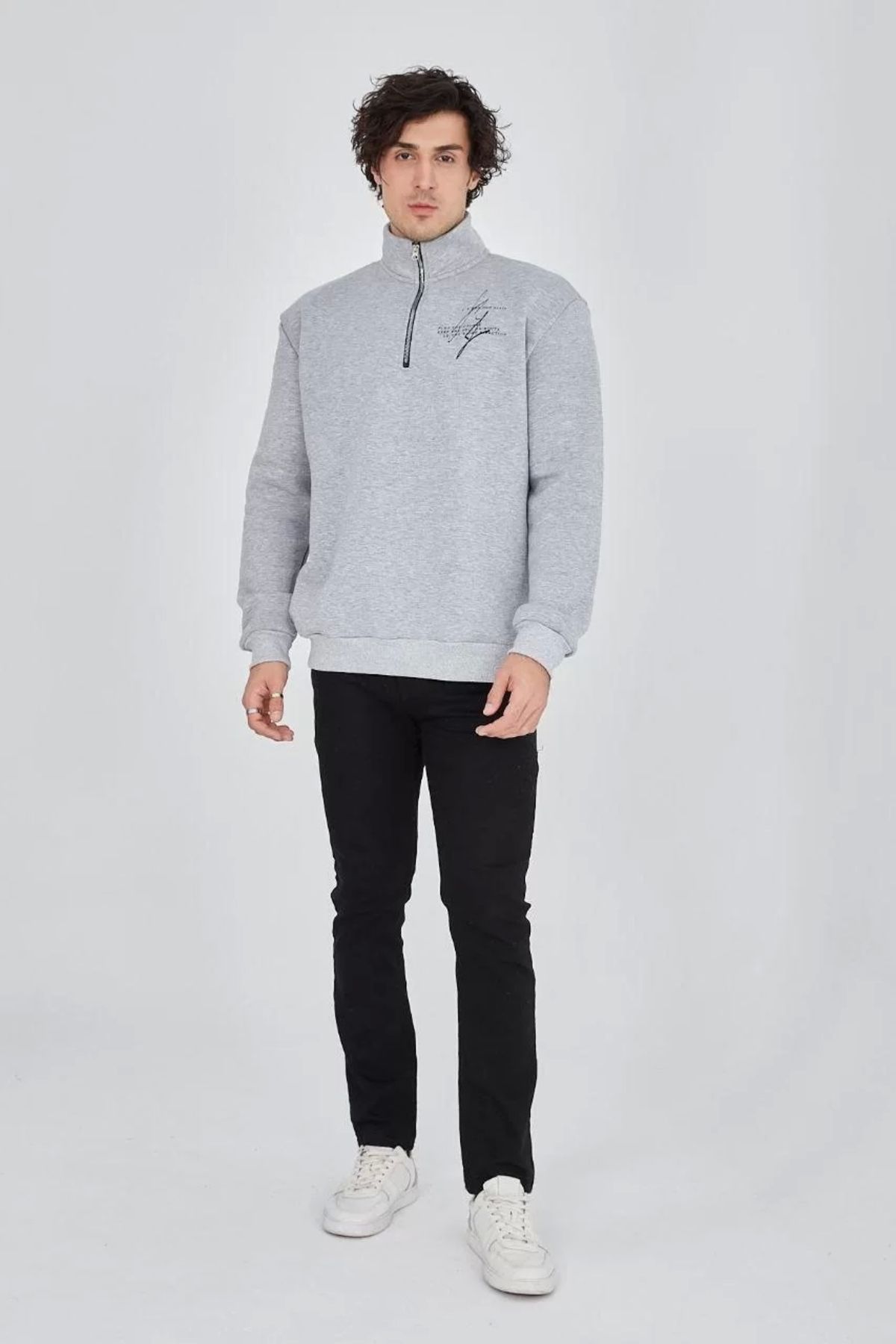 MODA CS Erkek Yarım Fermuarlı Baskılı Sweat - Gri