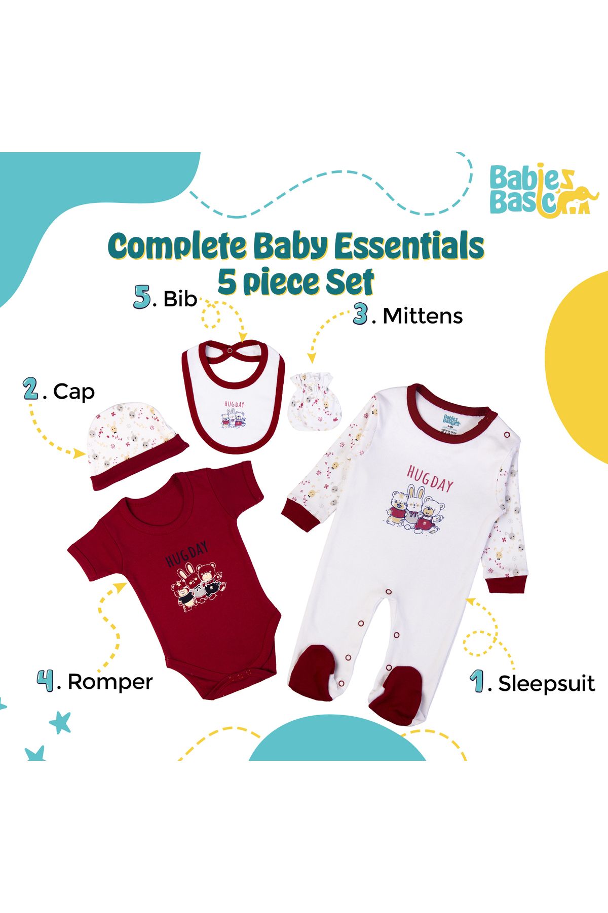 Babies Basic-5 piece New Born Set include Bib, Romper, Mittens, Cap, Sleepsuit- Hug Day, Red 2