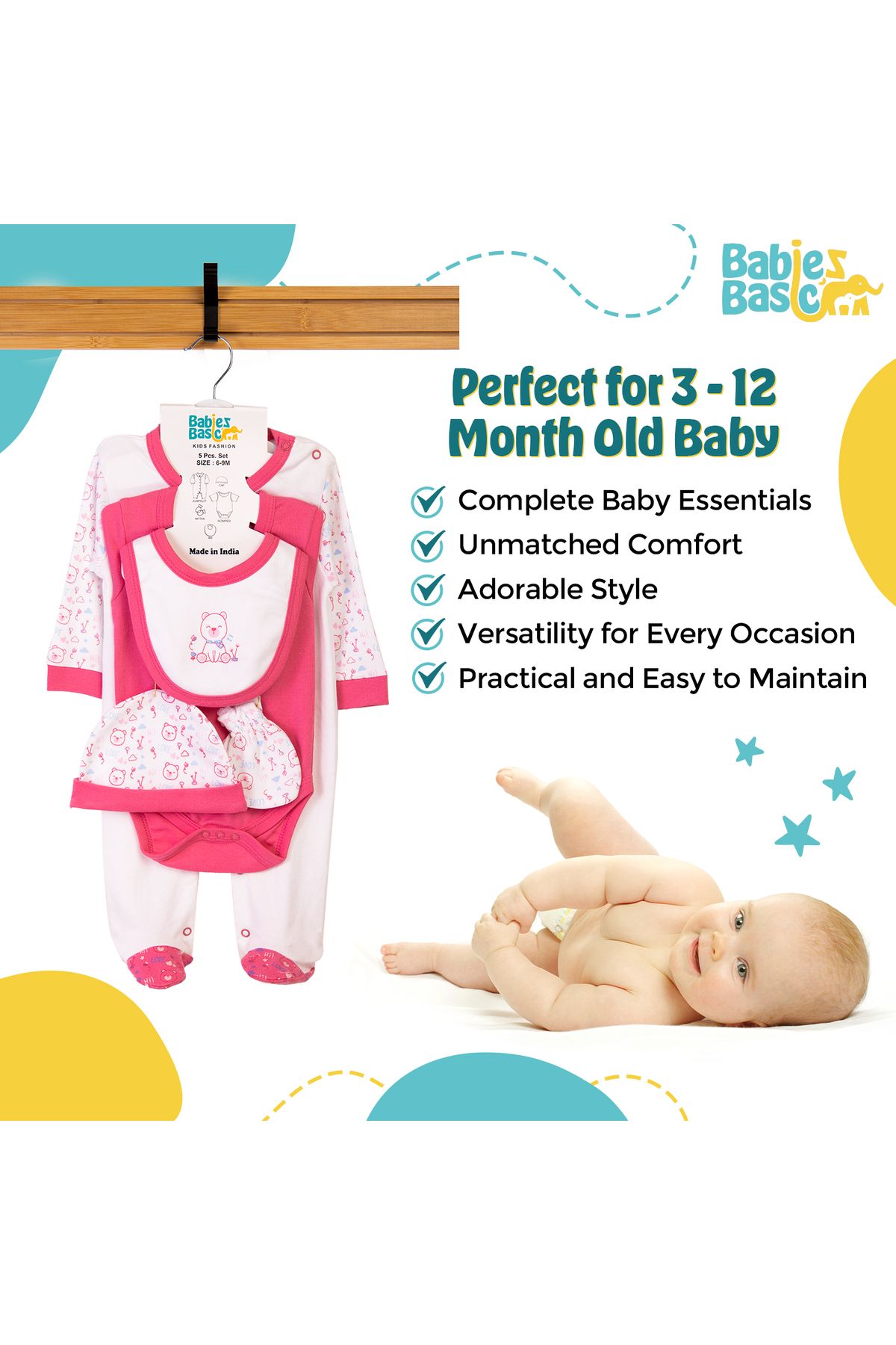 Babies Basic-5 piece New Born Set include Bib, Romper, Mittens, Cap, Sleepsuit- Teddy, Red 3