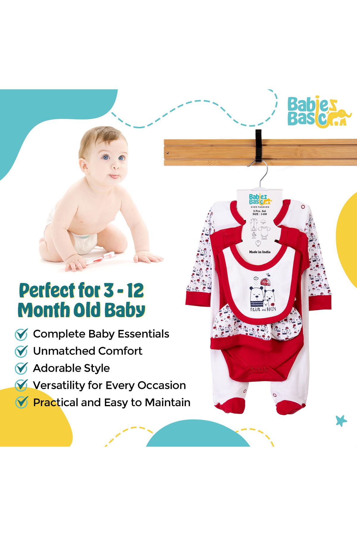 Babies Basic-5 piece New Born Set include Bib, Romper, Mittens, Cap, Sleepsuit- Rain, Red 3