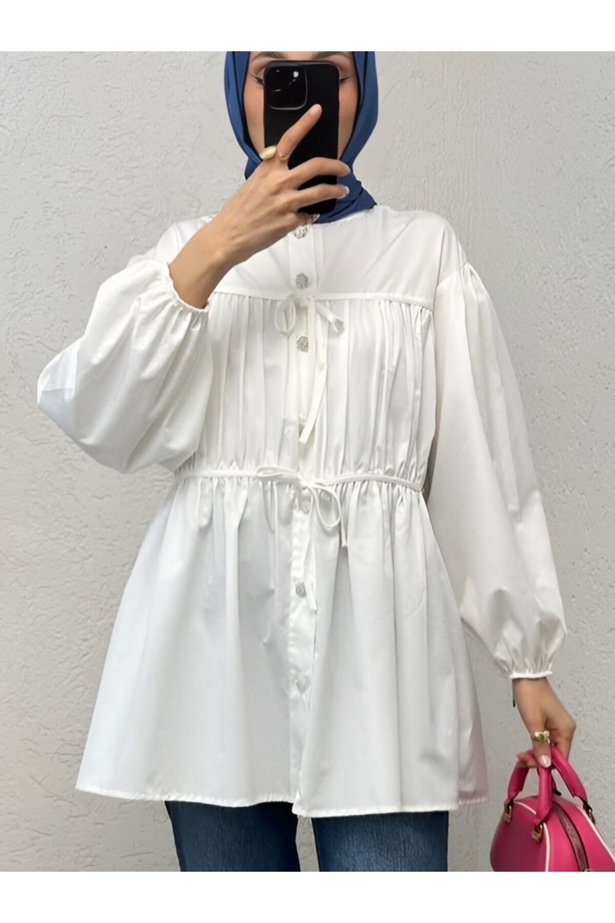mahira collection Taşlı Düğmeli Kolu Lastikli Bağlama Detaylı Gömlek