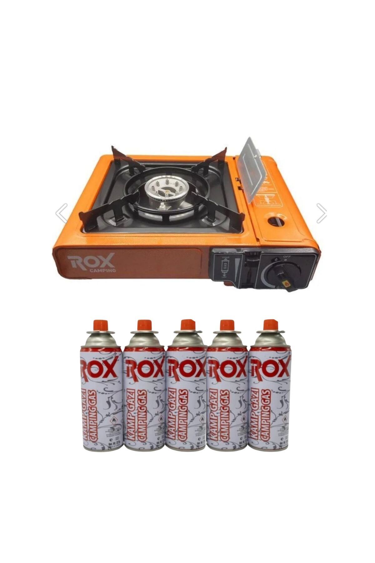 Rox 153ROX0189 Tekli Portatif Kamp Ocak ,Turuncu, Rüzgarlıklı, Ekstra Gaz Girişli 5 Adet Gaz Kartuş