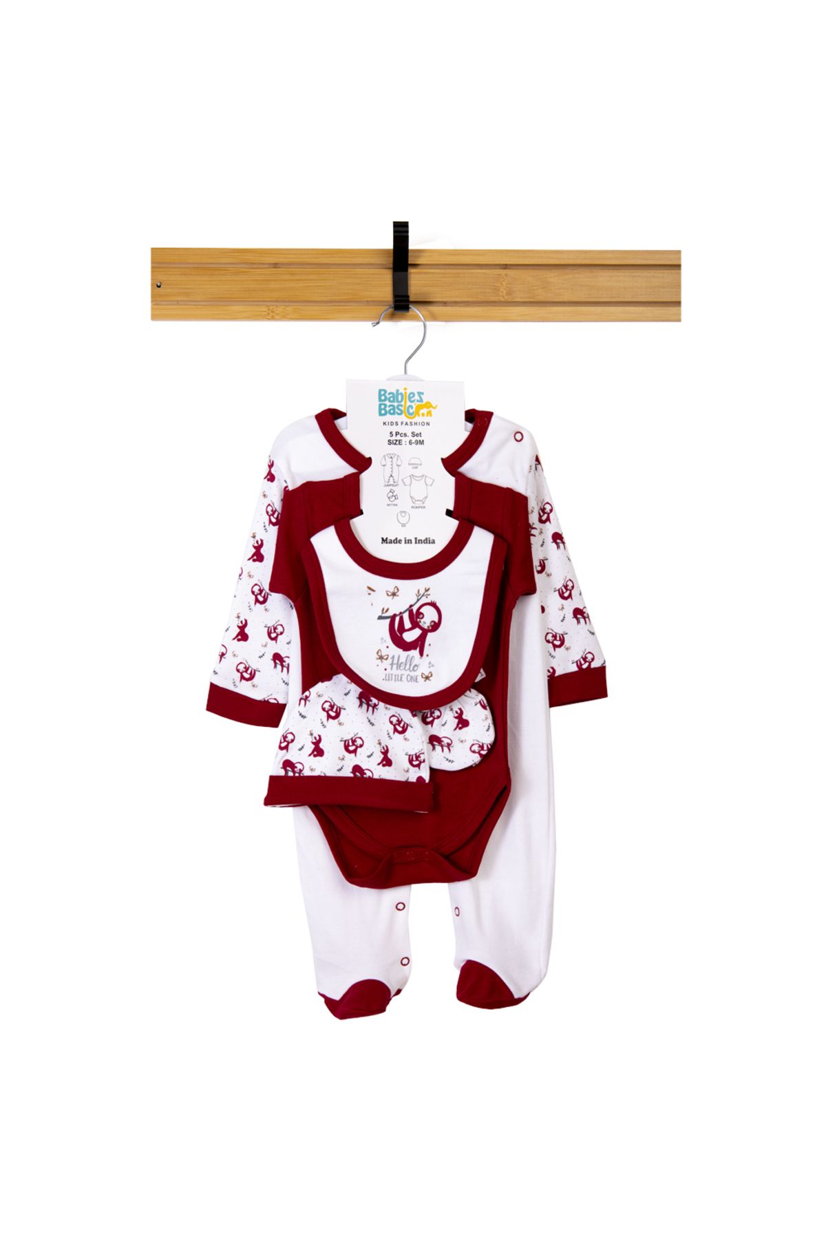 Babies Basic-5 piece New Born Set include Bib, Romper, Mittens, Cap, Sleepsuit- Hello Little One,Red 7
