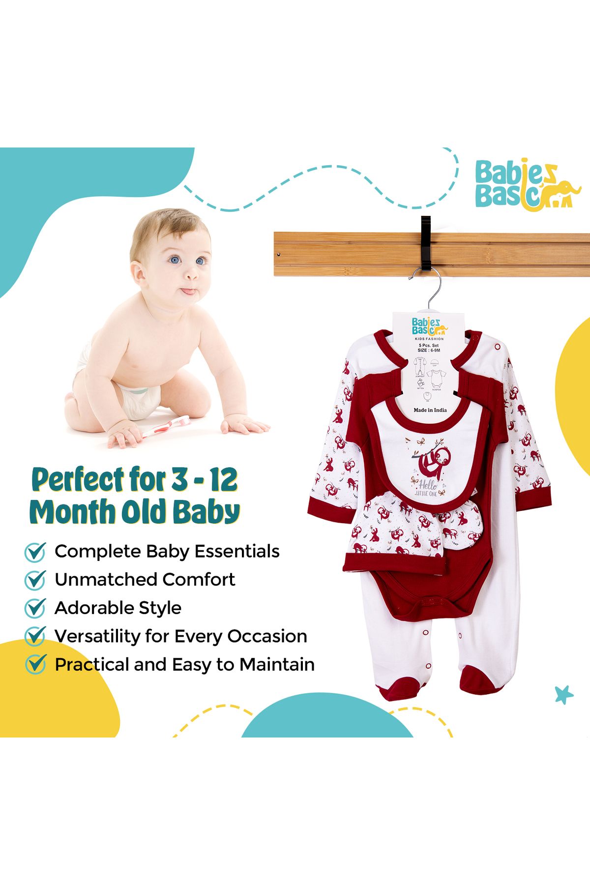 Babies Basic-5 piece New Born Set include Bib, Romper, Mittens, Cap, Sleepsuit- Hello Little One,Red 3