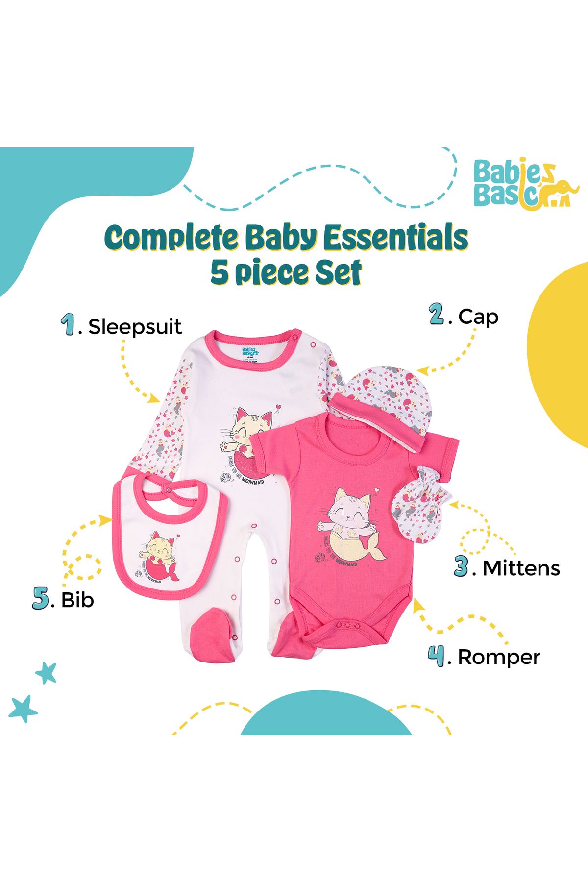 Babies Basic-5 piece New Born Set include Bib, Romper, Mittens, Cap, Sleepsuit- Meowmaid, Red 2