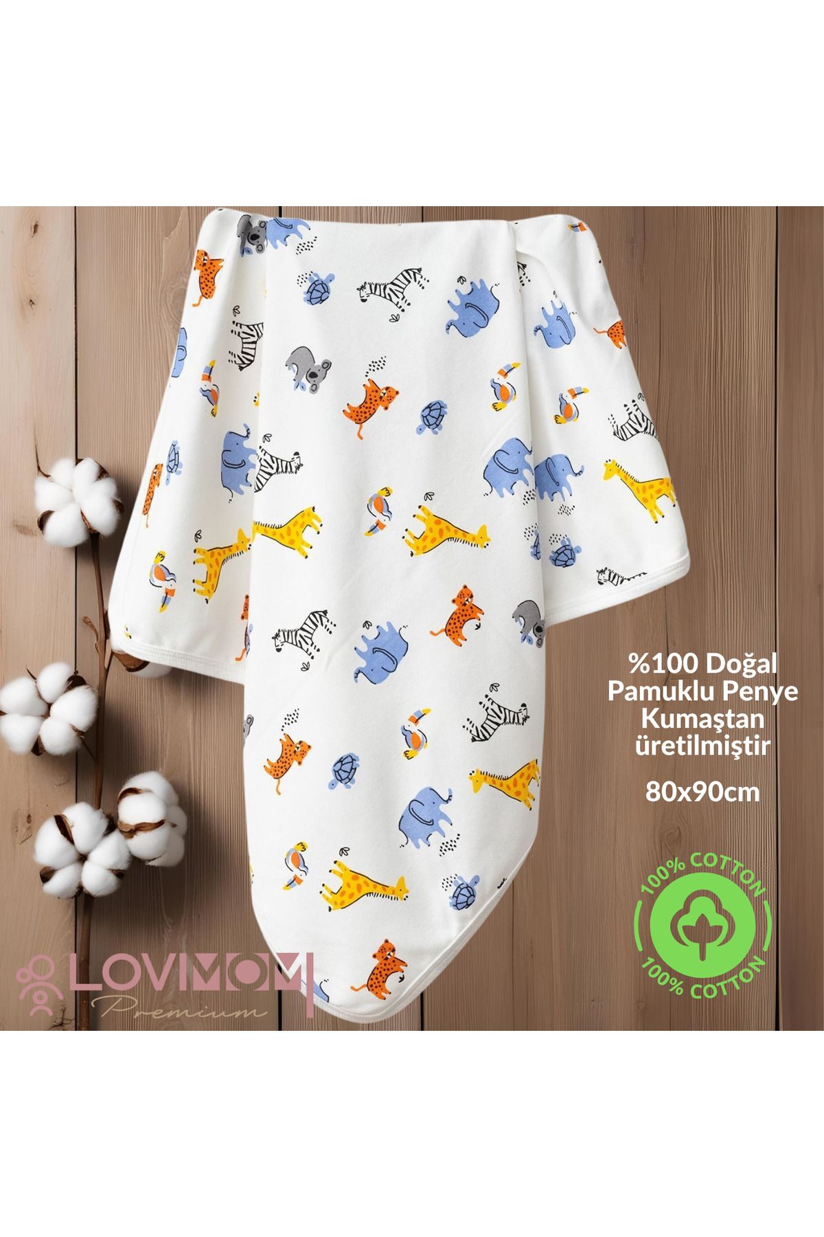 lovimom %100 Pamuklu Yenidoğan & Bebek Battaniyesi Penye Yumuşak Nefes Alan Kumaş 0-2 Yaş 80x90cm Safari
