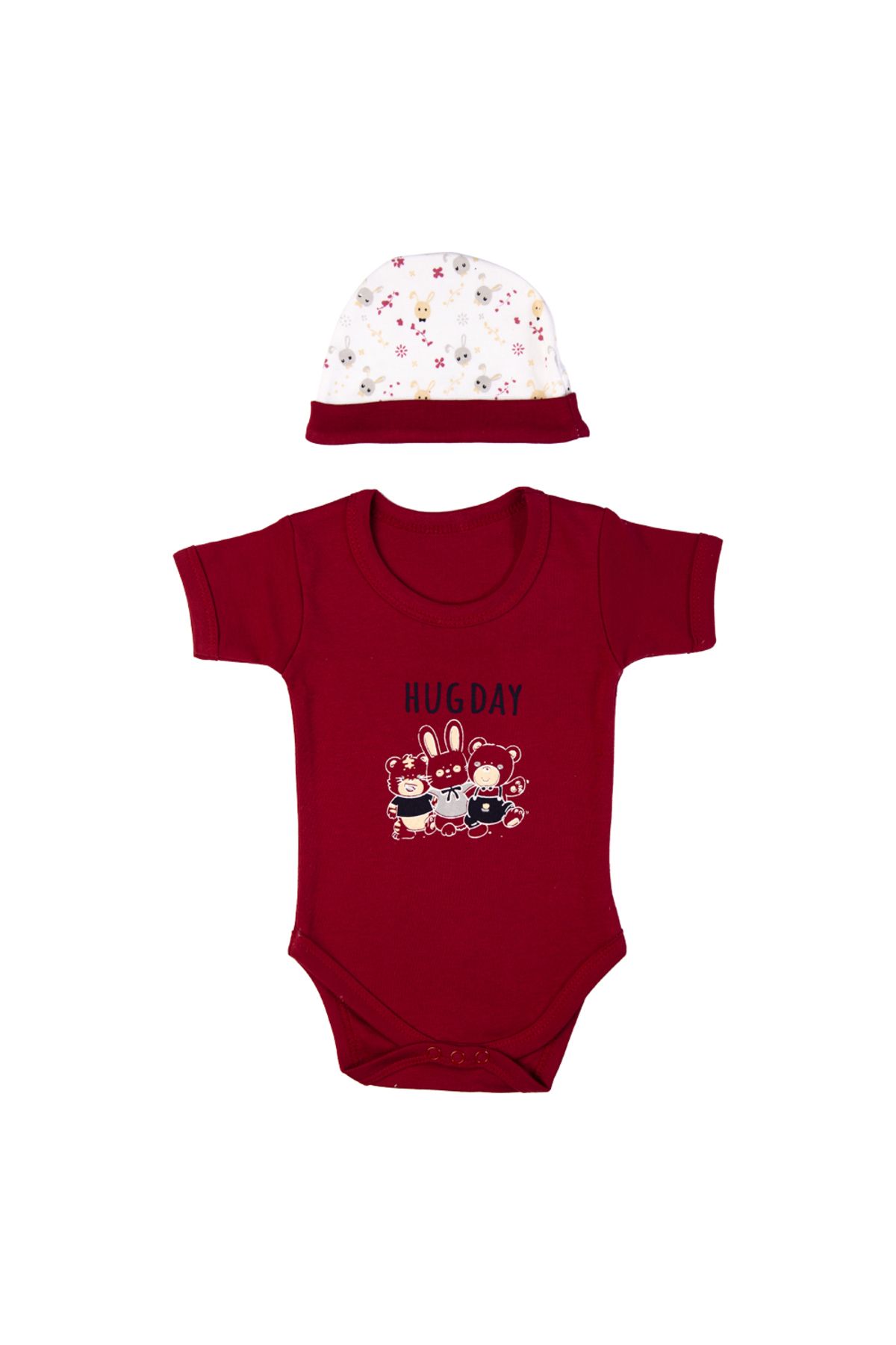 Babies Basic-5 piece New Born Set include Bib, Romper, Mittens, Cap, Sleepsuit- Hug Day, Red 5