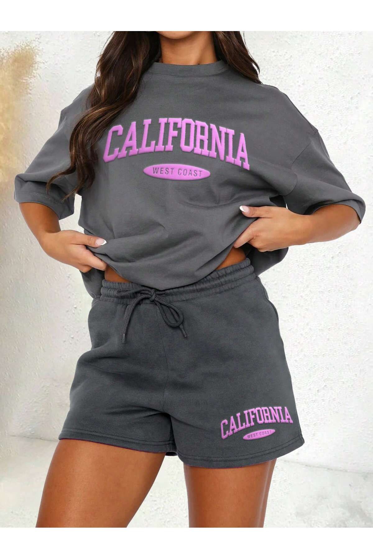 LOU MODA -Kadın PAMUKLU BASKILI WEST COAST TSHIRT-ŞORT TAKIMI 2Lİ OVERSİZE BÜYÜK BEDEN