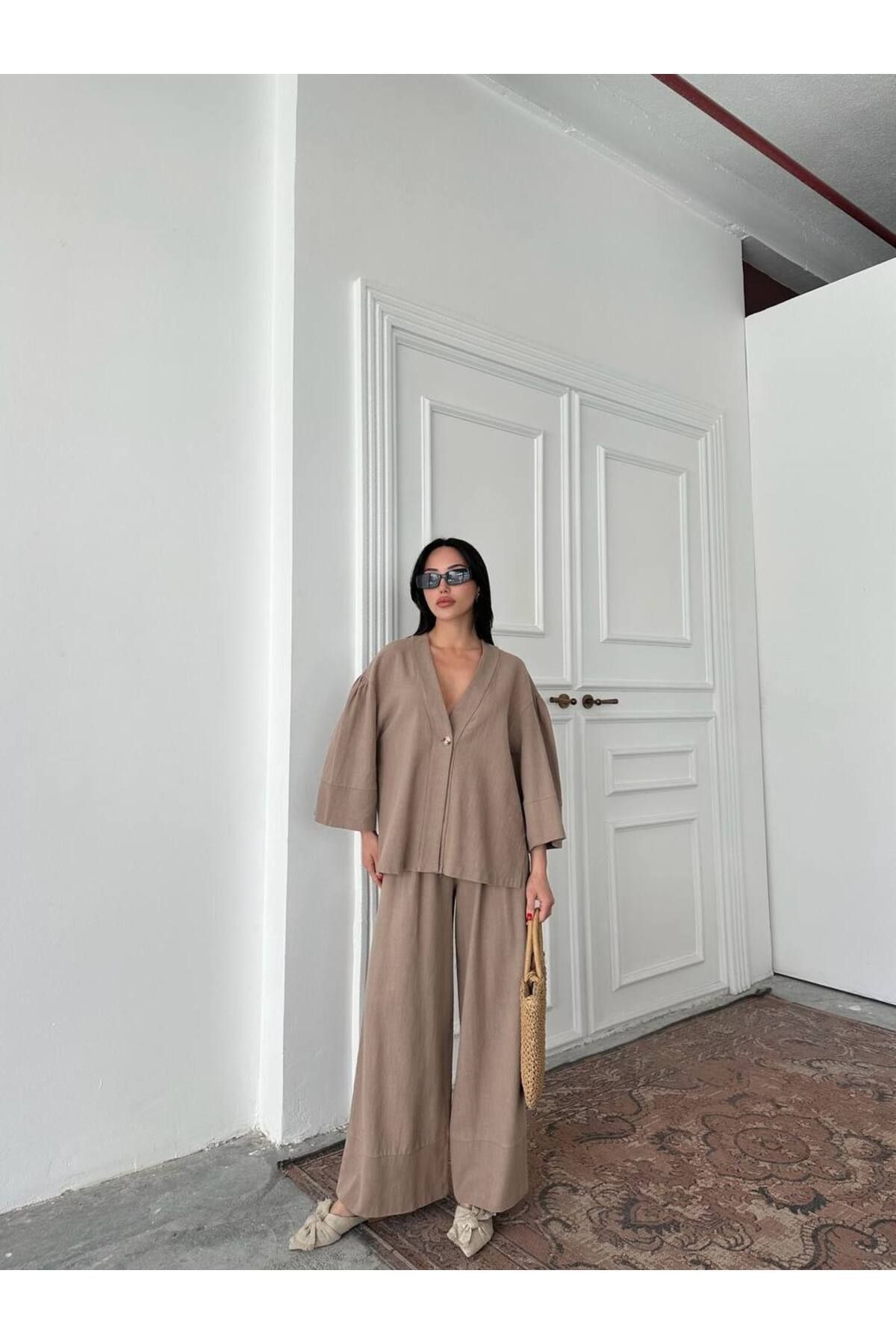 Hotfashion Tek Düğmeli Oversize Kimono Pantolon Takım
