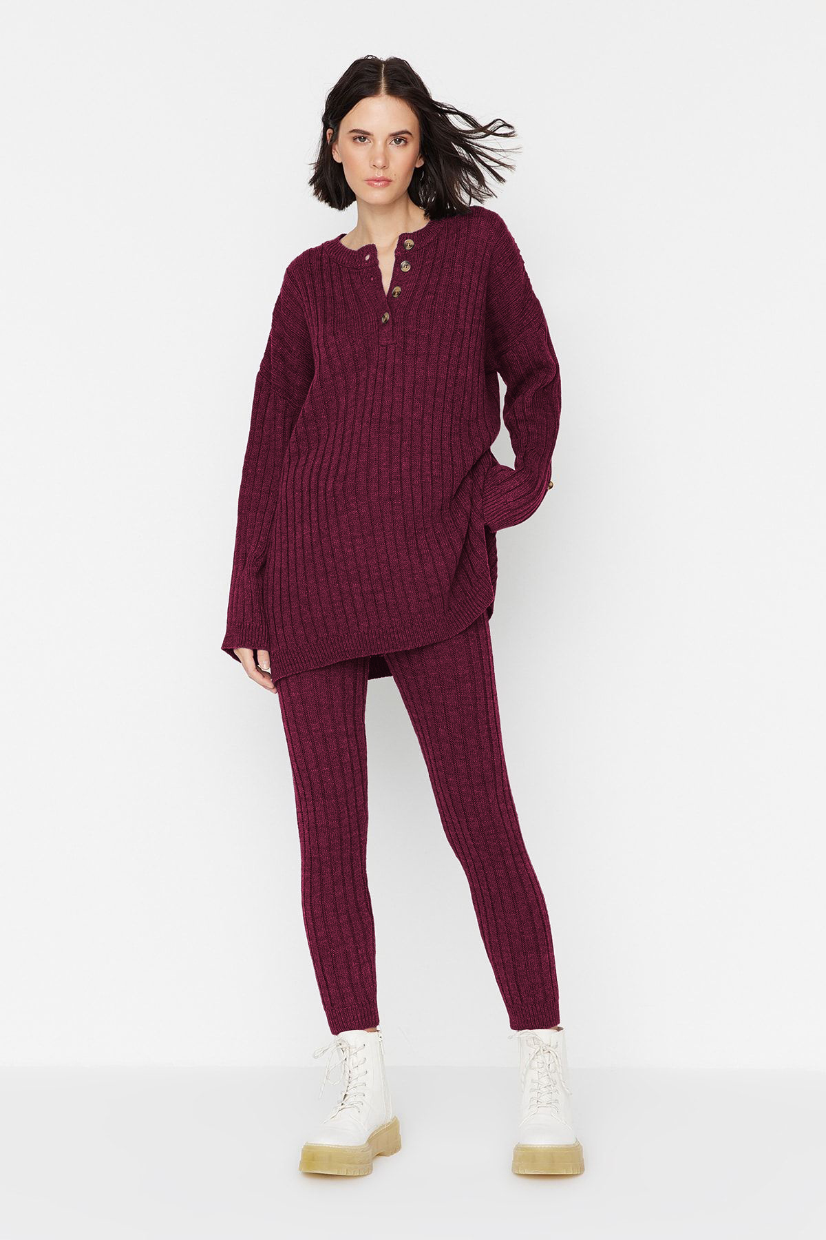 Trendyolmilla Bordo Fitilli Geniş Kalıp Triko Alt-Üst Takım TWOAW22AU0039