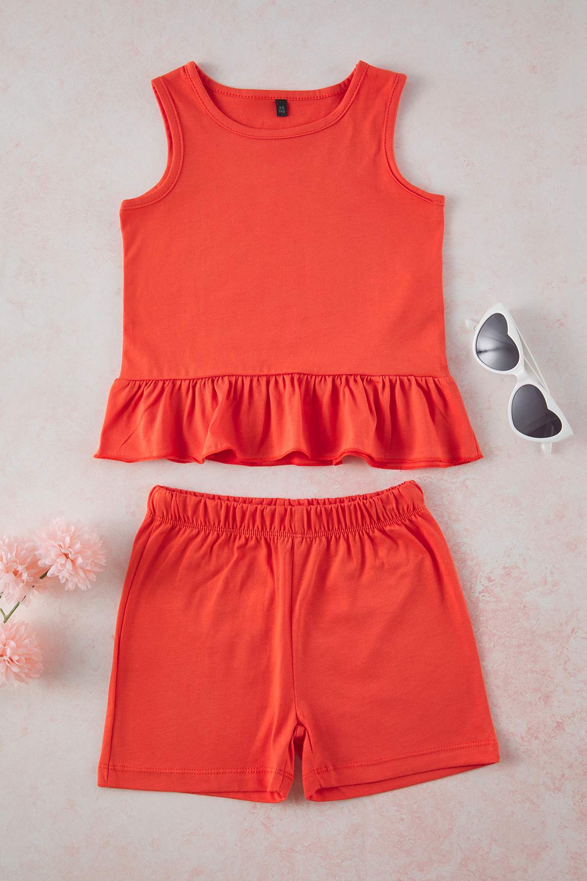 Trendyolmilla  Nar Çiçeği Kız Çocuk %100 Pamuk Basic Fırfır Detaylı Kolsuz Örme Alt-Üst Takım TKDSS25AU00162