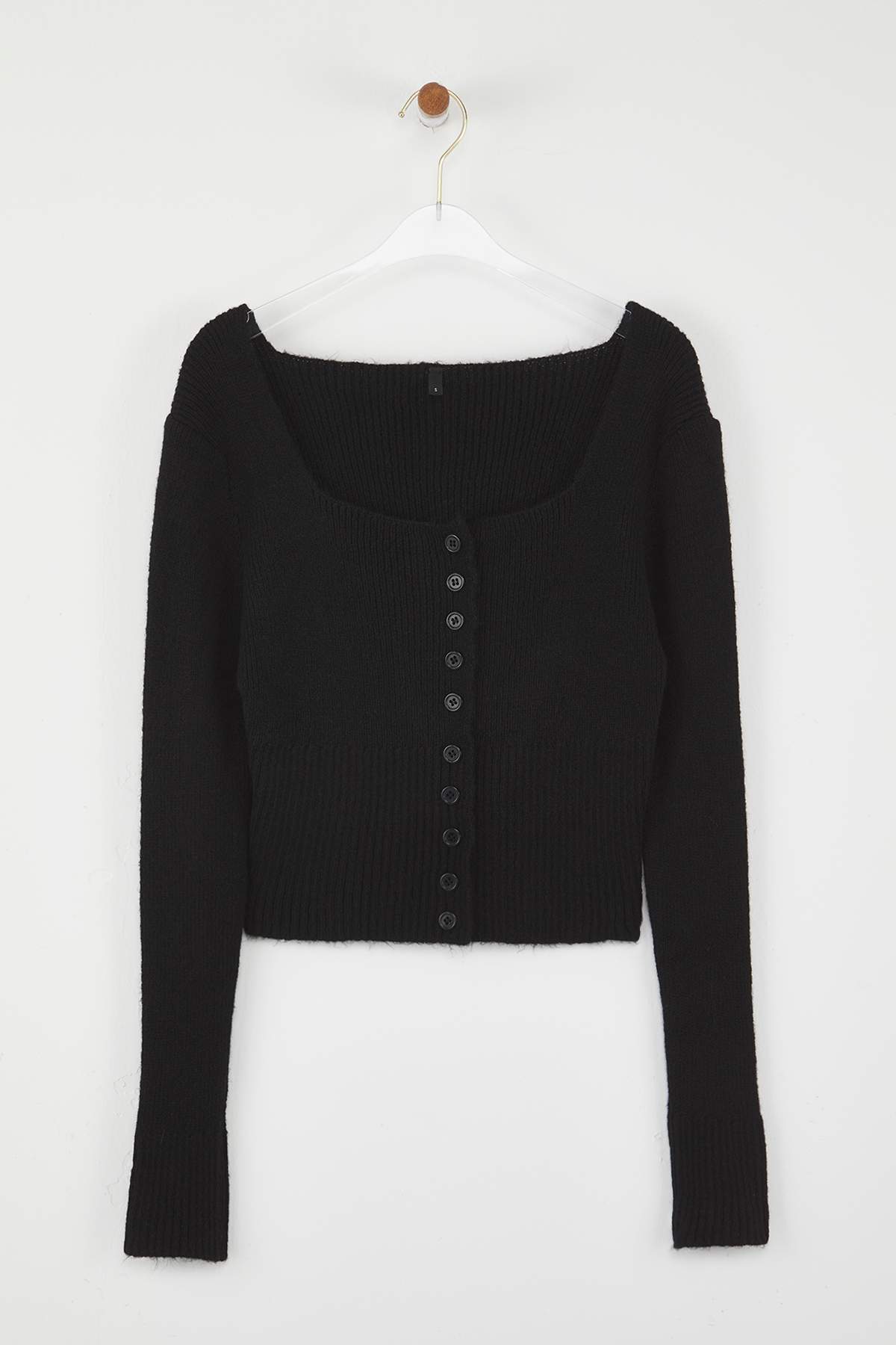 Trendyolmilla  Siyah Crop Kare Yaka Triko Yumuşak Dokulu Fitted/Vücudu Saran Hırka TWOAW25HI00178 - Görsel 5