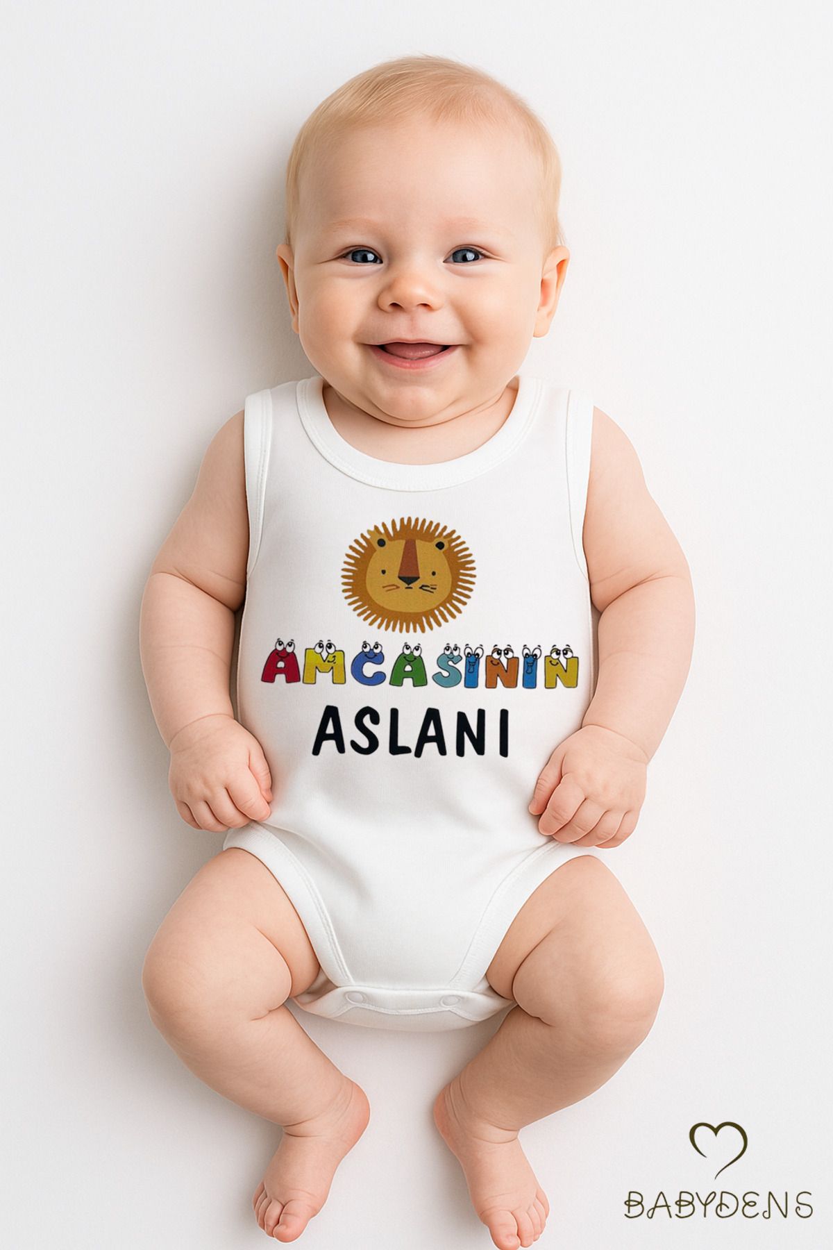 BABYDEN'S Amcasının Aslanı Yazılı Bebek Zıbın Kolsuz Çıtçıtlı Body %100 Pamuk Hediyelik Bebek Body Tulum