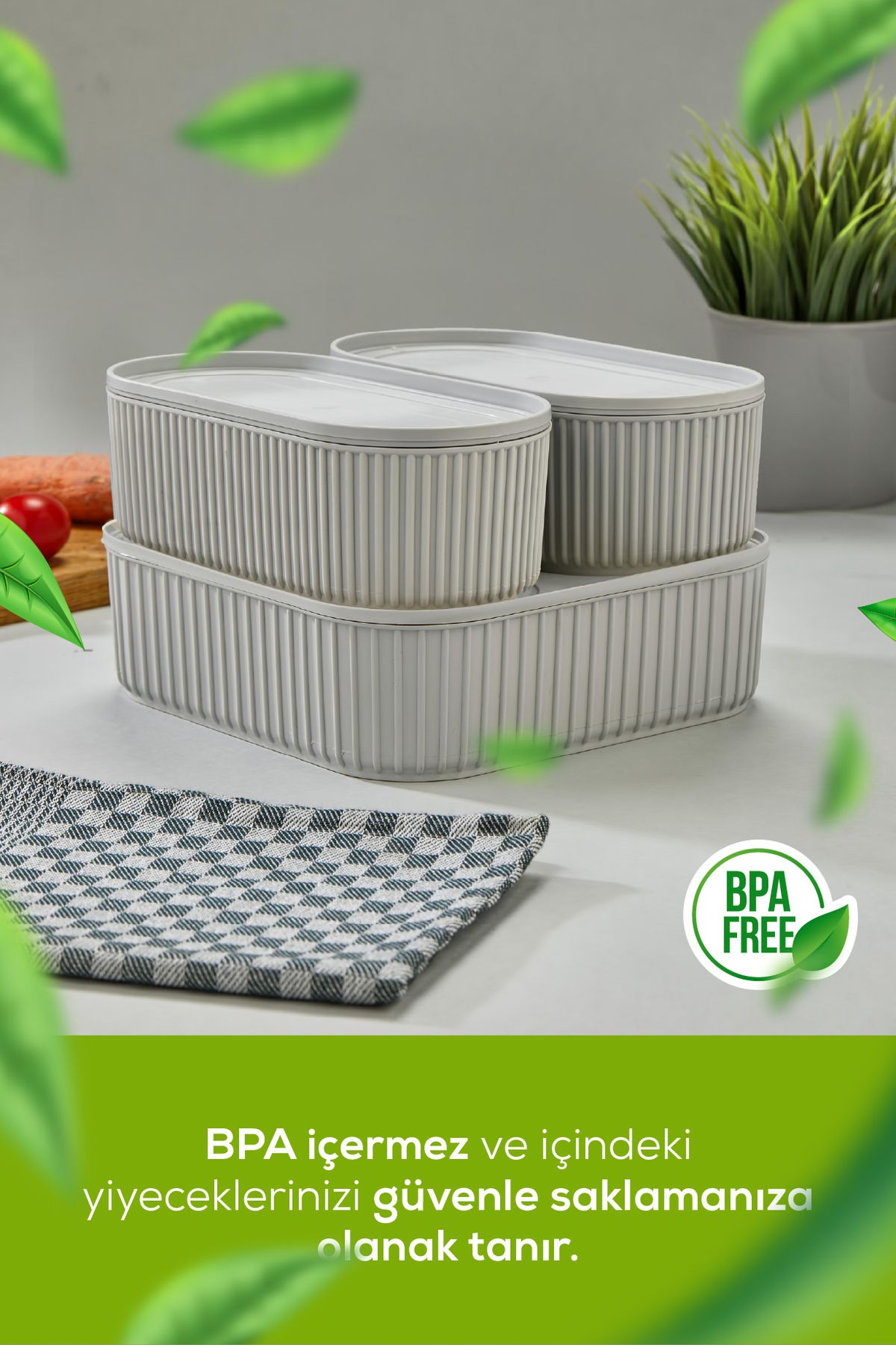Vienev-Set of 3 Grey Storage Containers - Elastic Band, Stackable, Practical 2X(1100 ml) 1X(2600 ml) 2