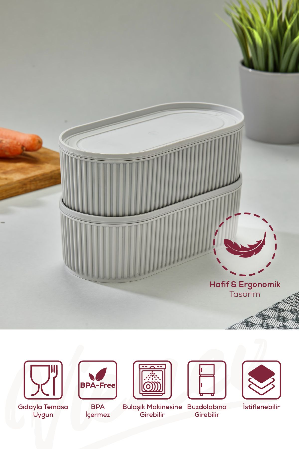 Vienev-Set of 2 Gray Storage Containers - Elastic Band, Stackable, 1100 ml 3