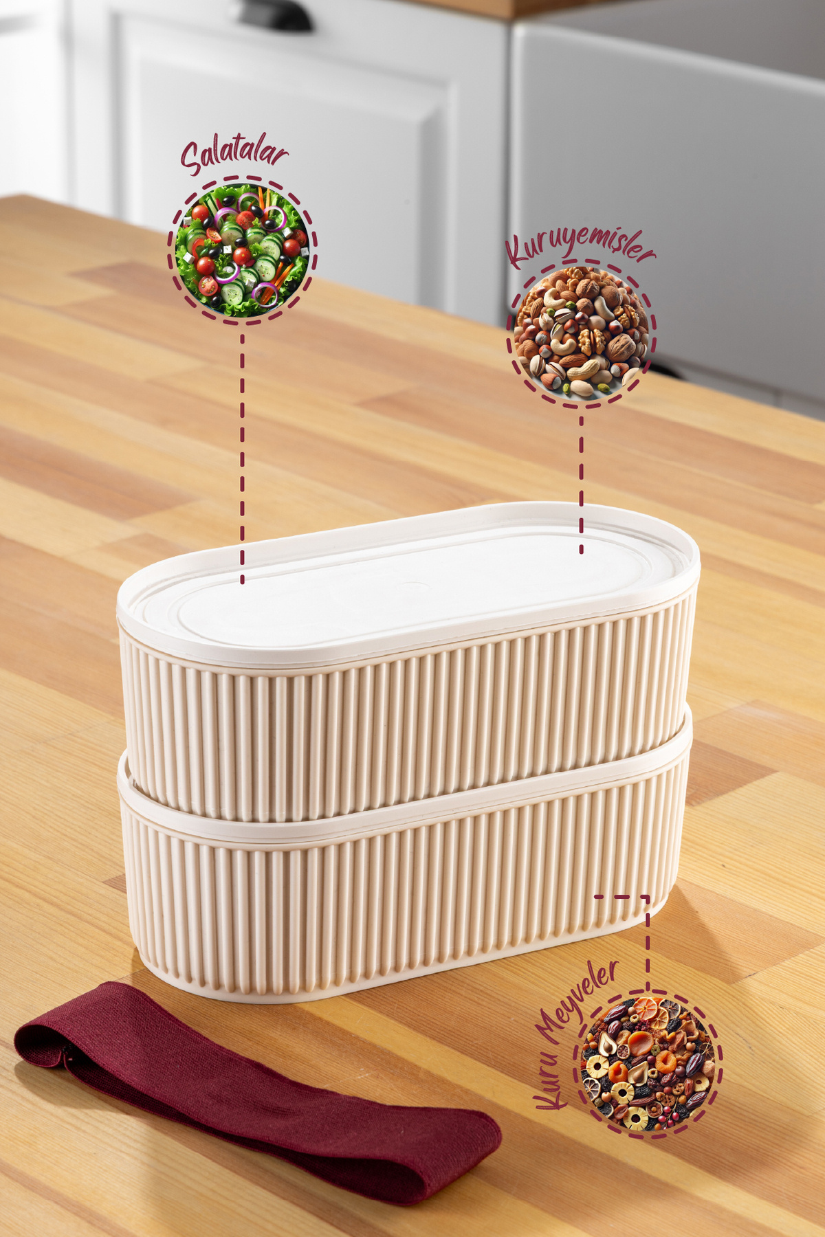 Vienev-Set of 2 Stackable Practical Storage Containers with Elastic Bands 2X(1100 ml) Beige 4