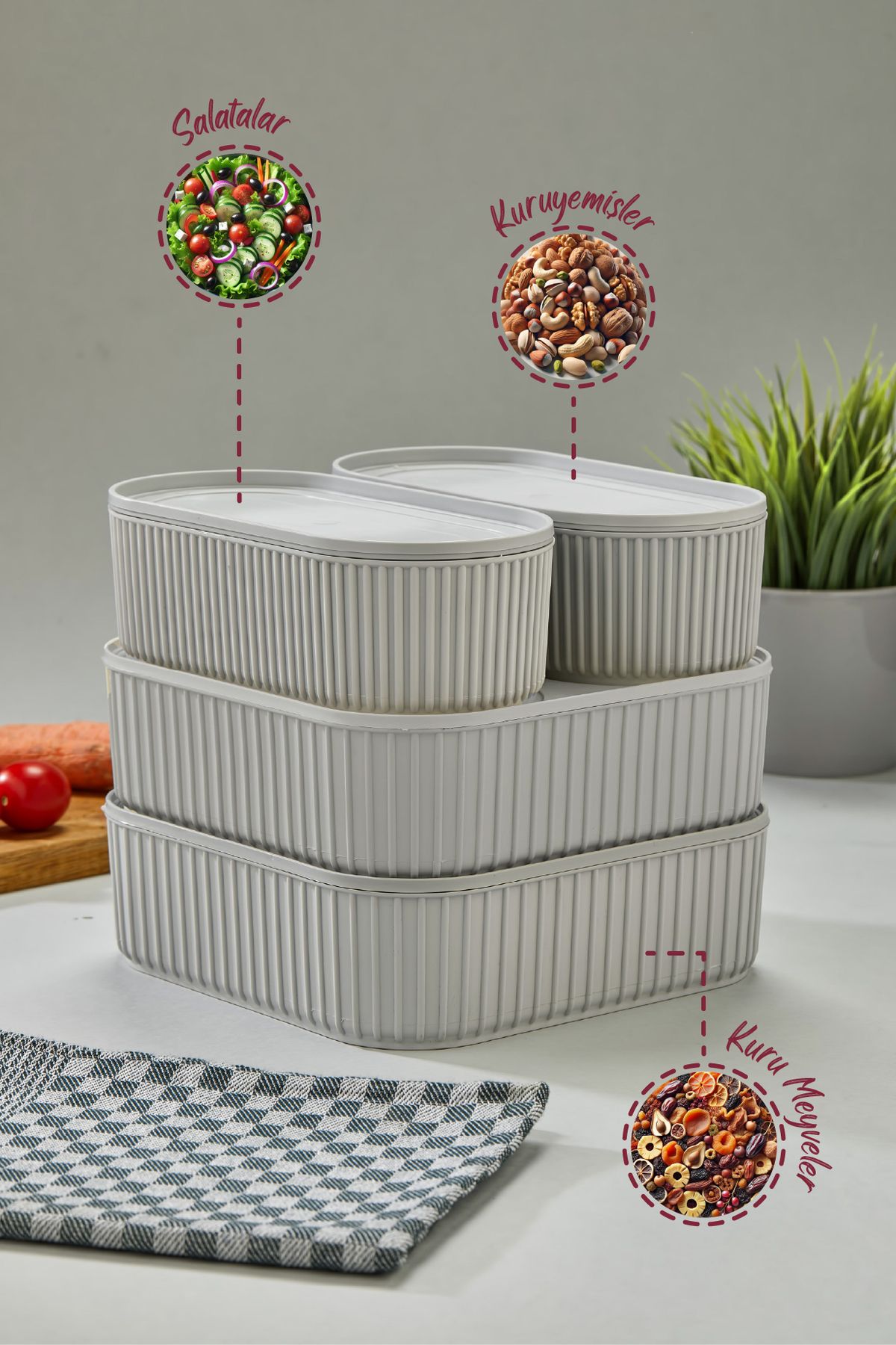 Vienev-Set of 4 Gray Stackable Storage Containers - with Elastic Band, 2X(1100 ml) 2X(2600 ml) 4