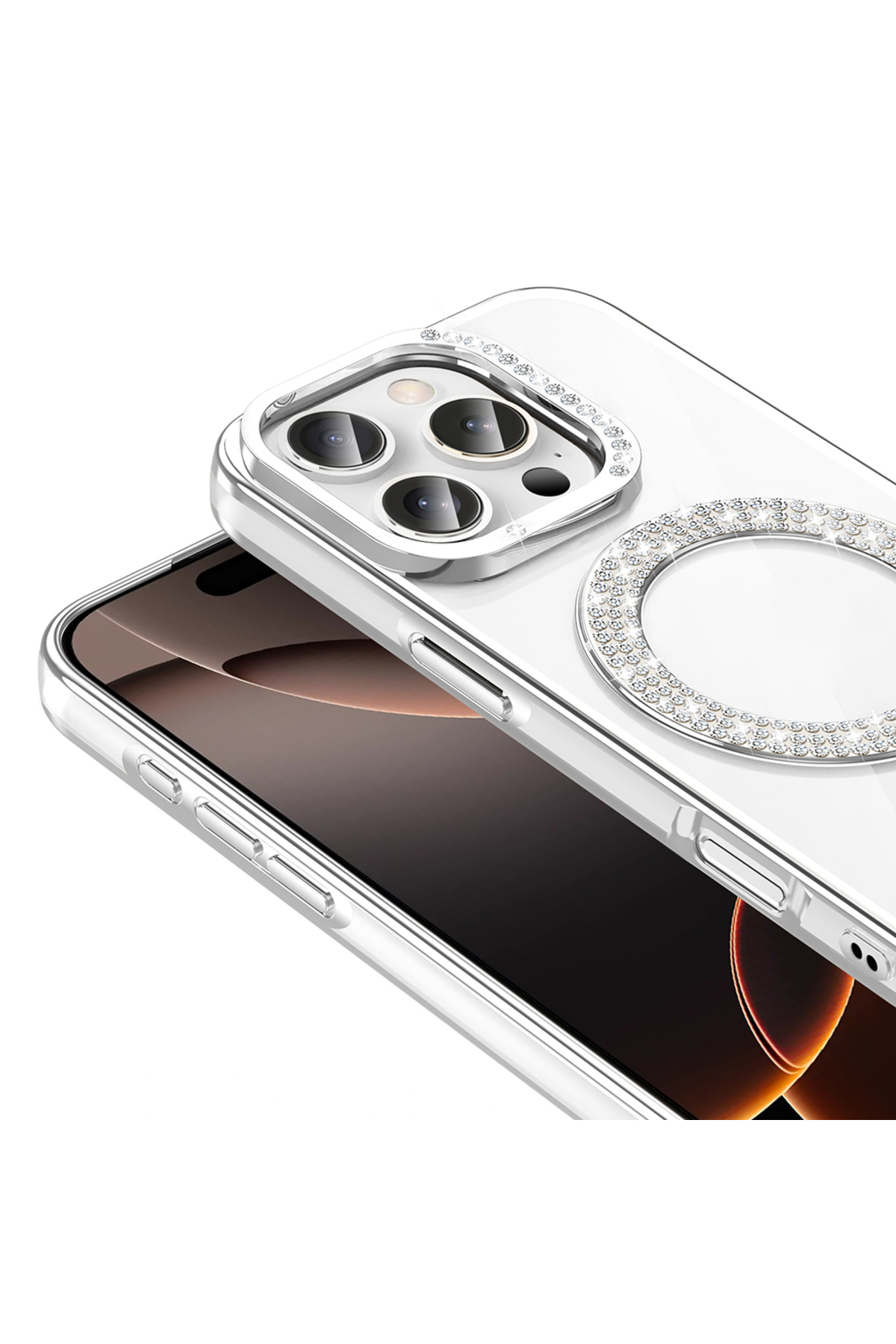 iPhone 16 Pro Max Uyumlu Kılıf Simli Parlak Stand Olabilen Magsafe Şarj için Uygun Renkli Arka Kapak