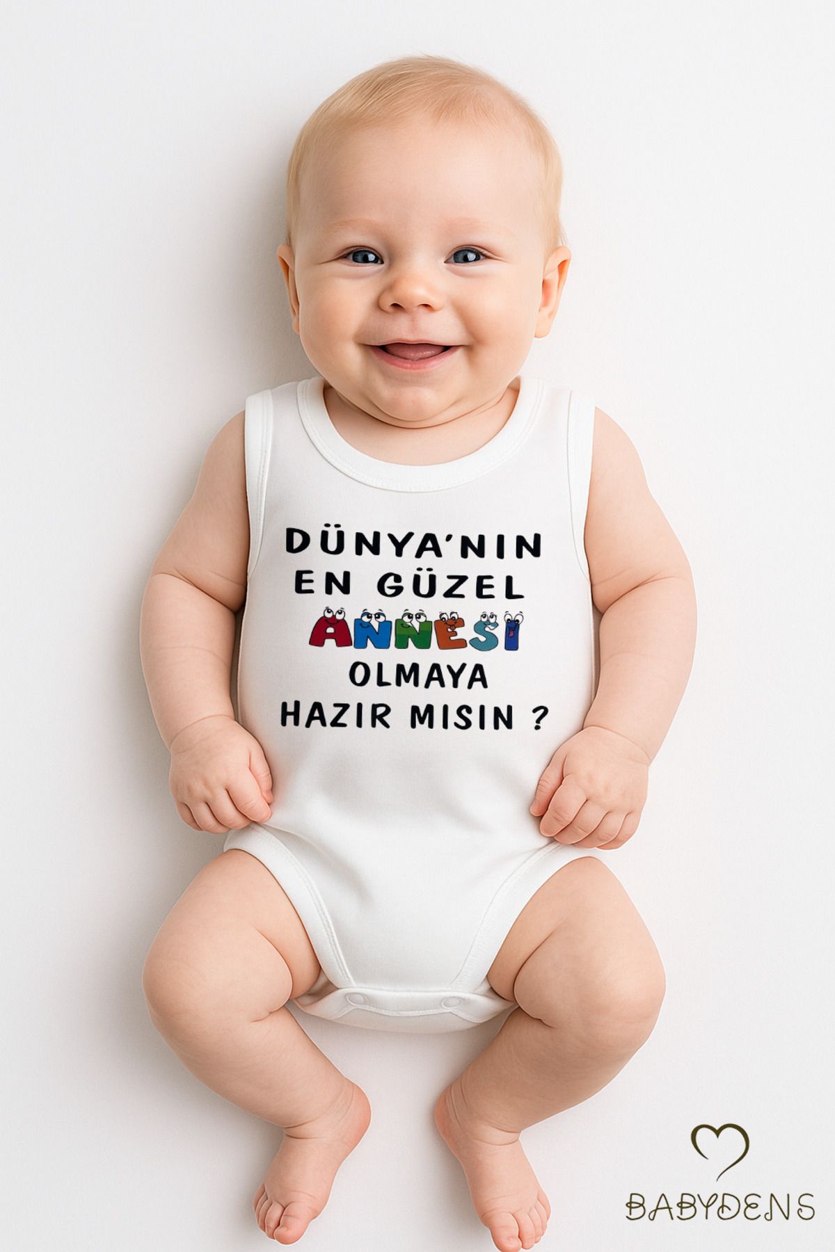 BABYDEN'S Dünyanın En Güzel Annesi Olmaya Hazır Mısın? Yazılı Kolsuz Bebek Zıbın Pamuklu Çıtçıtlı Yazlık Body