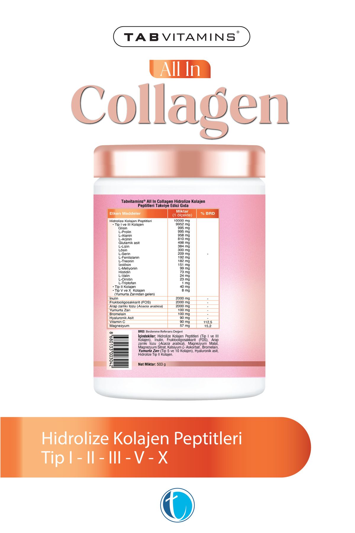 Tabvitamins-All in Collagen 30 Servies Unflavored Hydrolyzed Collagen Peptides Type 1 Type 2 Type 3 Type 5 Type 10 2
