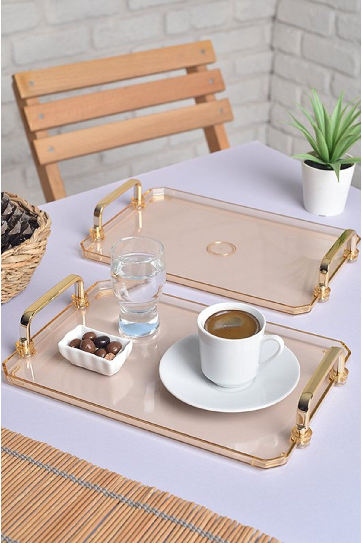 ŞURAMUTFAK Gold Kulplu Türk Kahvesi Sunum Tepsisi | 2'li Şık Set 25x17cm
