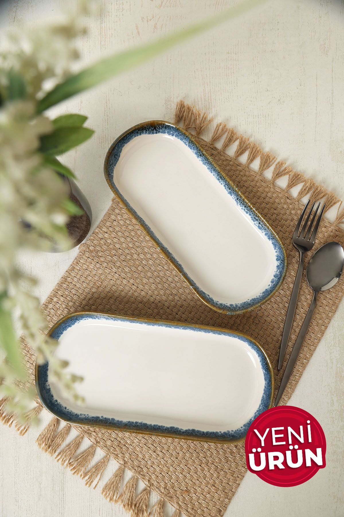 Keramika Reaktif Kobalt Noyan Kayık Tabak 26 cm 2 Adet Q82