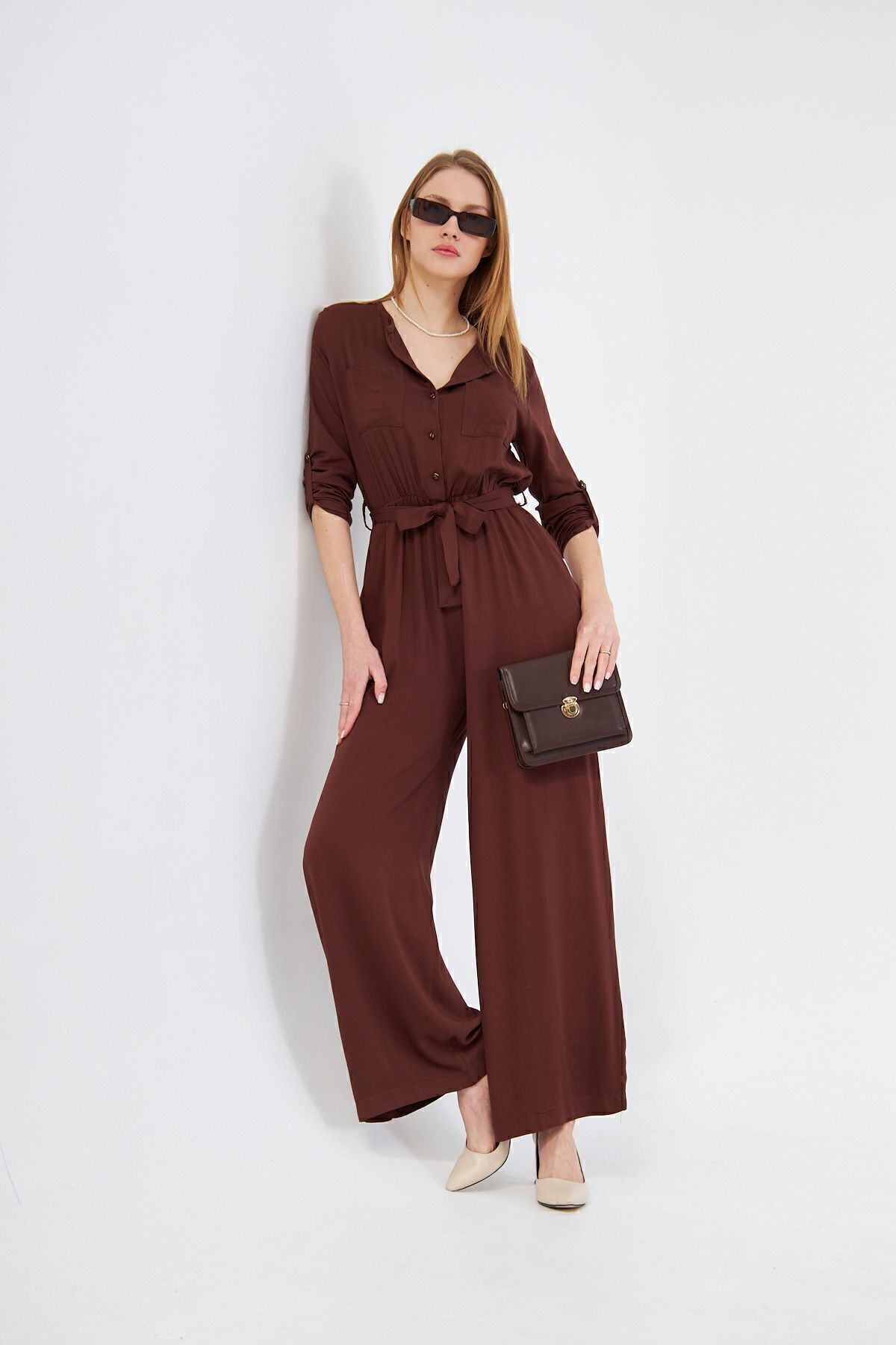 Women's Coffee Pocket Elastic Waist Belt Long Sleeve Round Collar Buttoned Comfortable Fit Jumpsuit 3297451