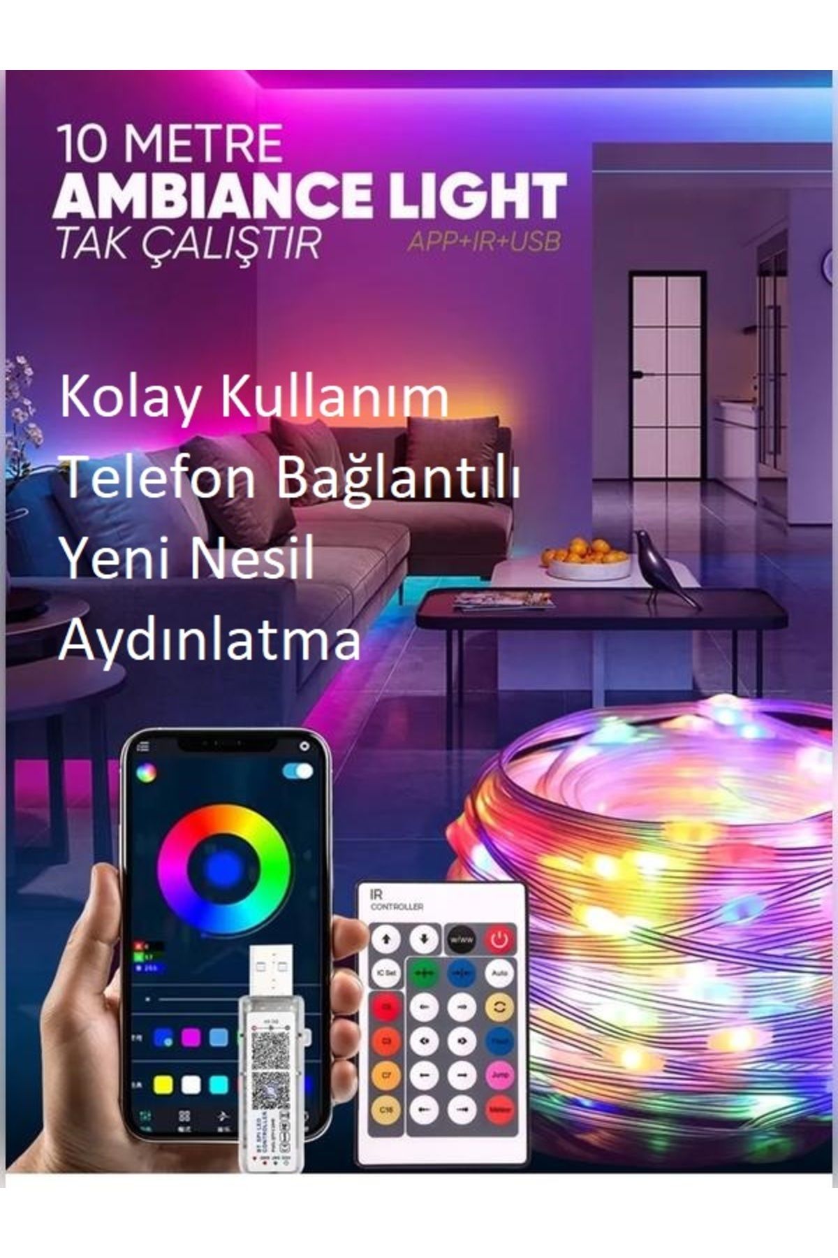 ROKKOM 10 Metre Smart Bluetooth Telefon Kontrollü Led Renkli Işık Kumandalı Yeni Nesil Sese Duyarlı 2026
