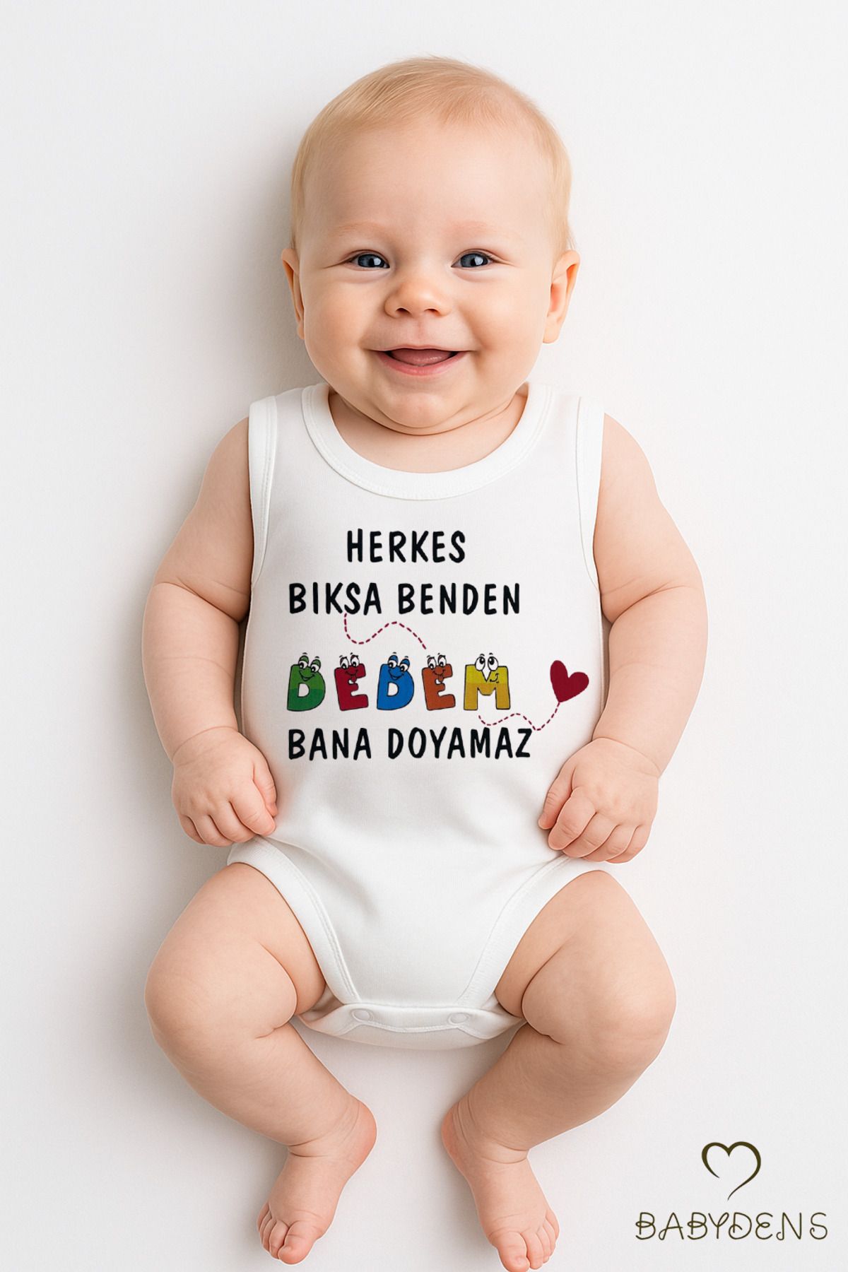 BABYDEN'S Herkes bıksa benden, Dedem bana doyamaz Yazılı Kolsuz Bebek Body %100Pamuk Zıbın Yazlık Body 03-24Ay