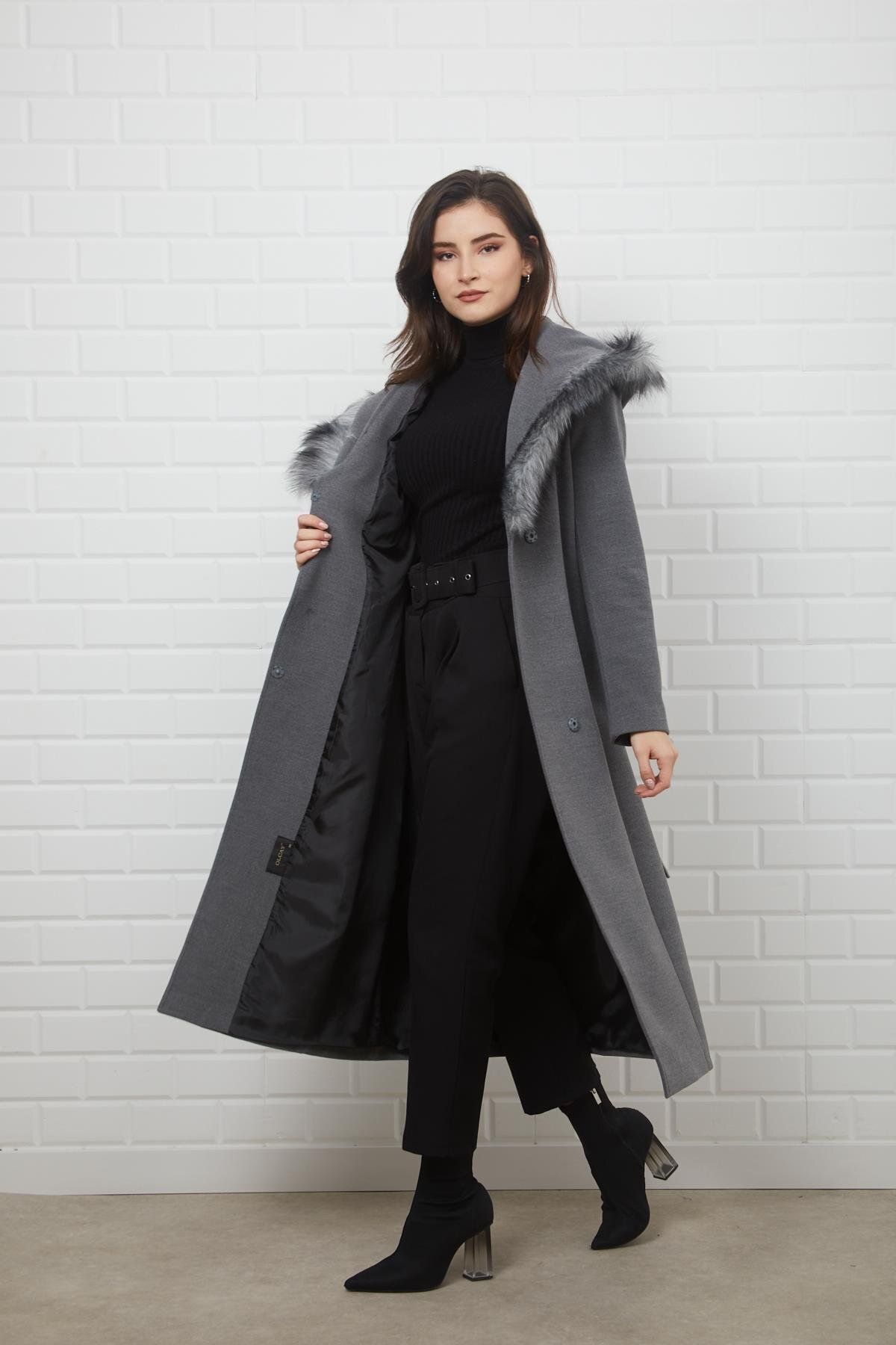 Concept.-Side Tied Snap Closure Hooded Fur Coat Gray 3697 3