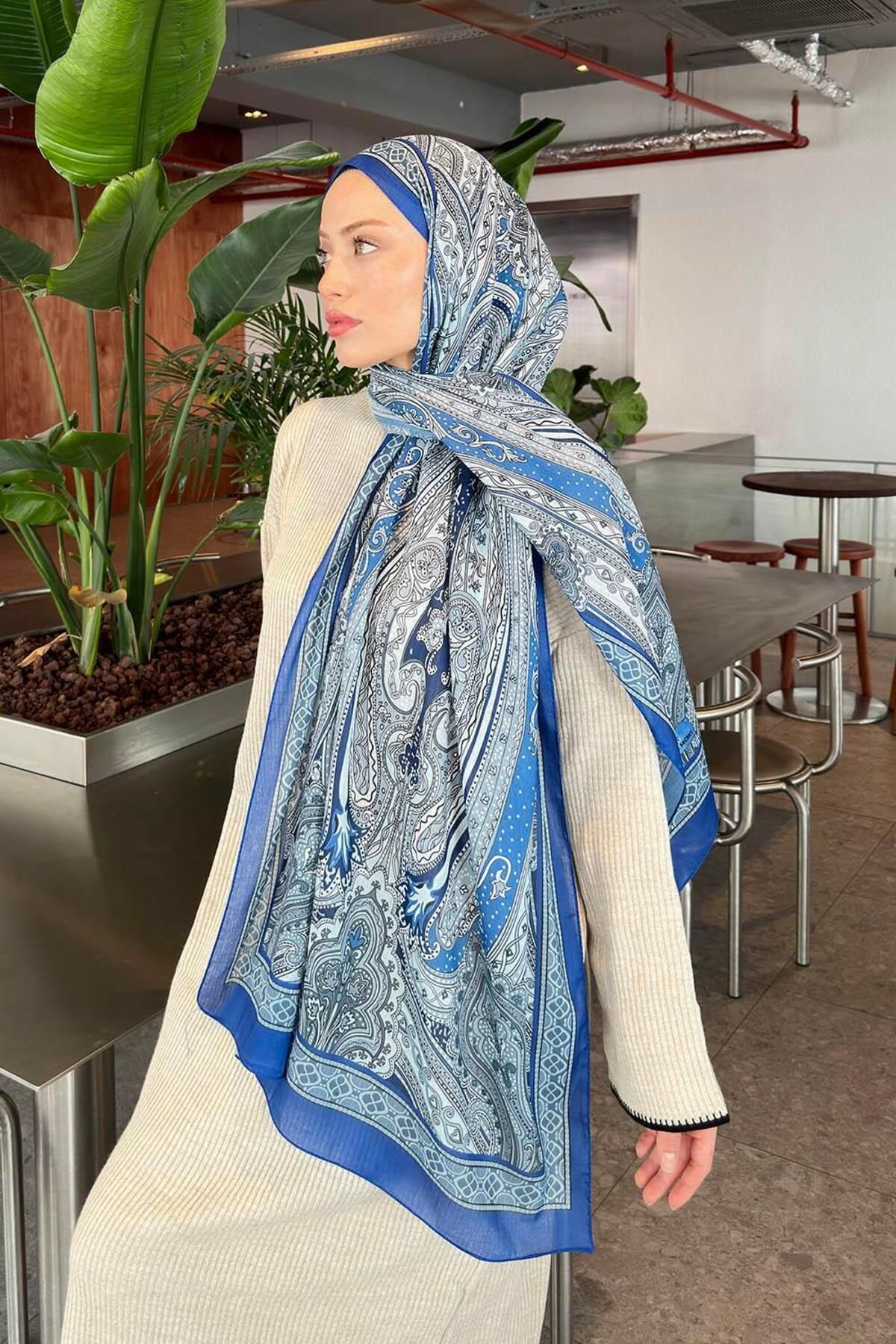 lamelif.com-Retro Pattern Cotton Shawl Blue 4