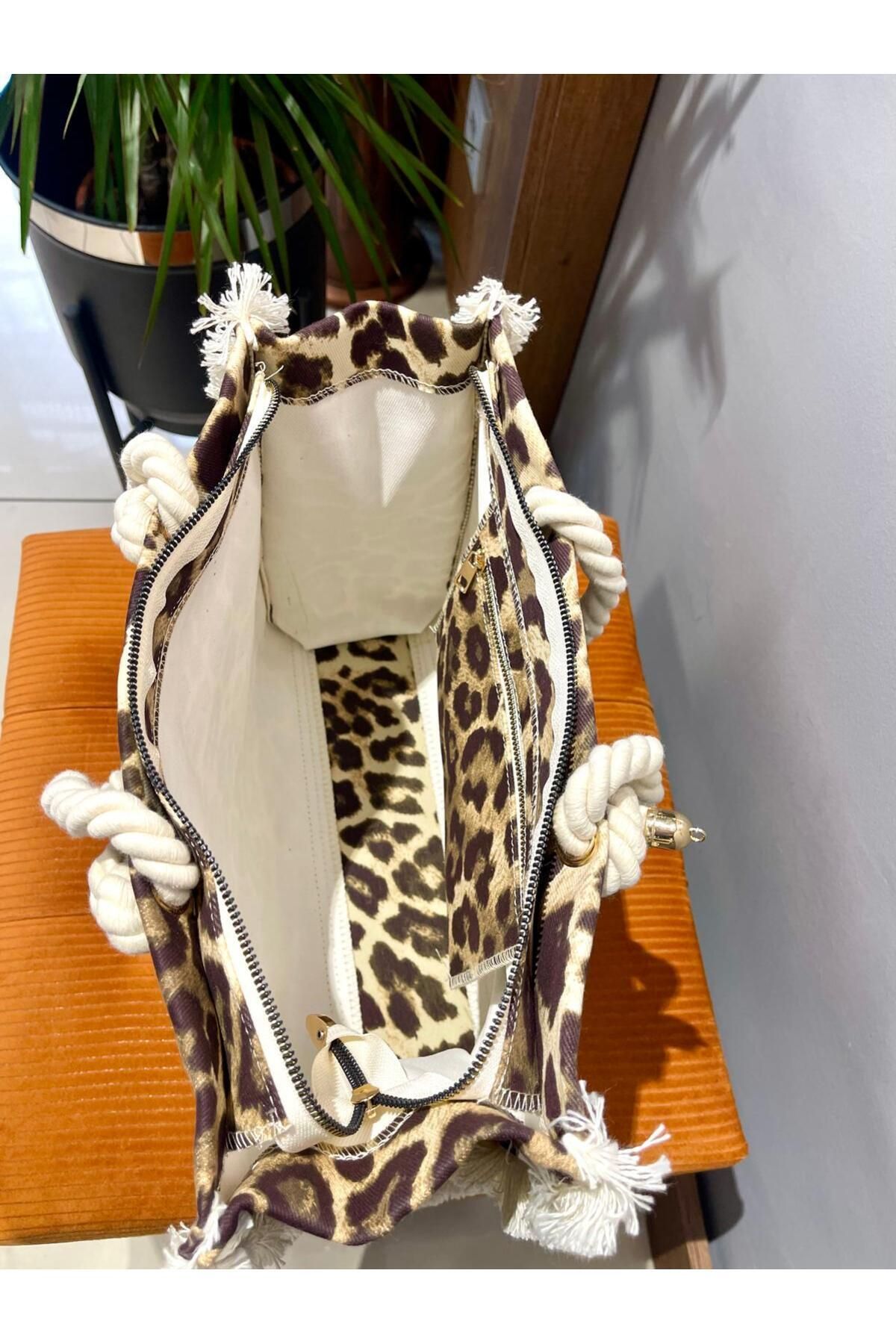 ARZU ÖZEL MODA ATÖLYESİ-Leopard Patterned Fabric Bag with Rope Strap. 6