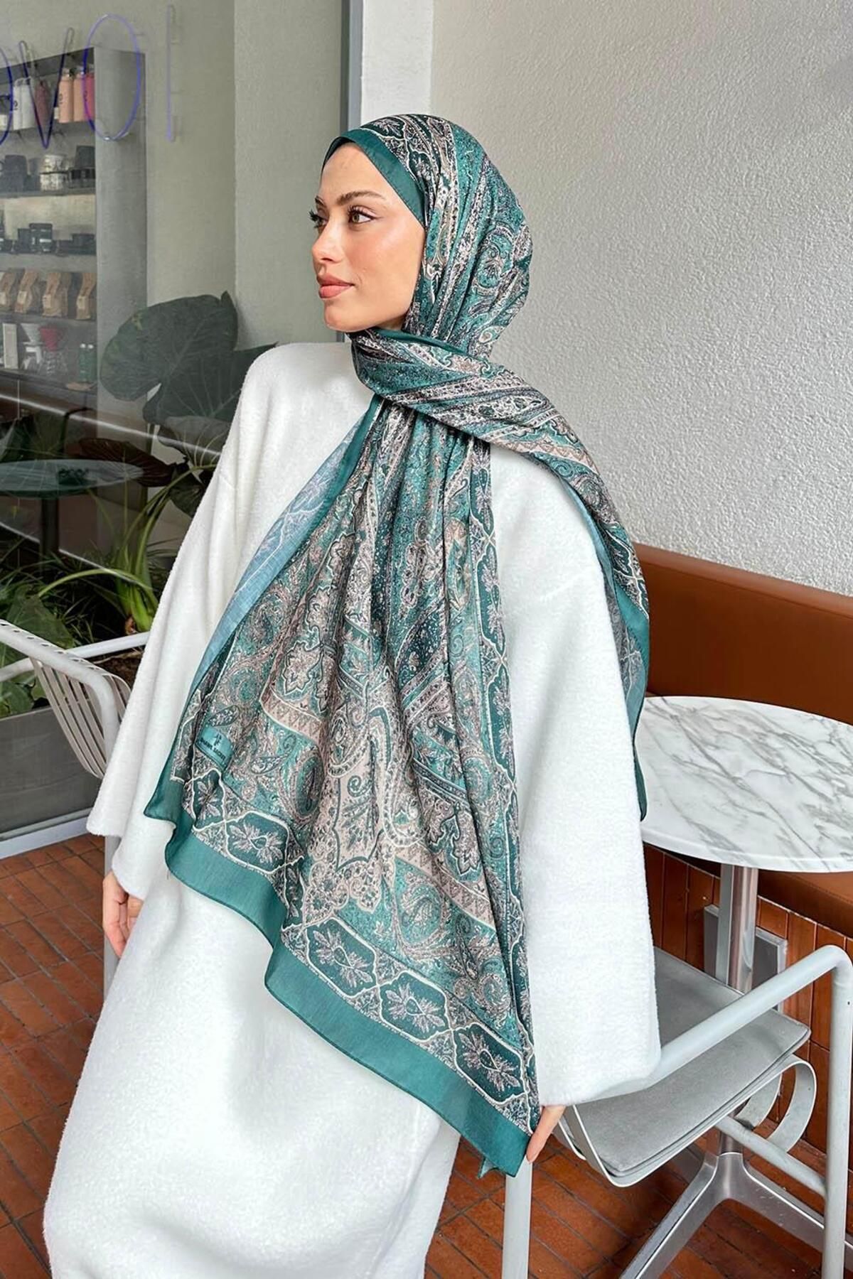 lamelif.com-Retro Pattern Cotton Shawl Emerald Green 2 4