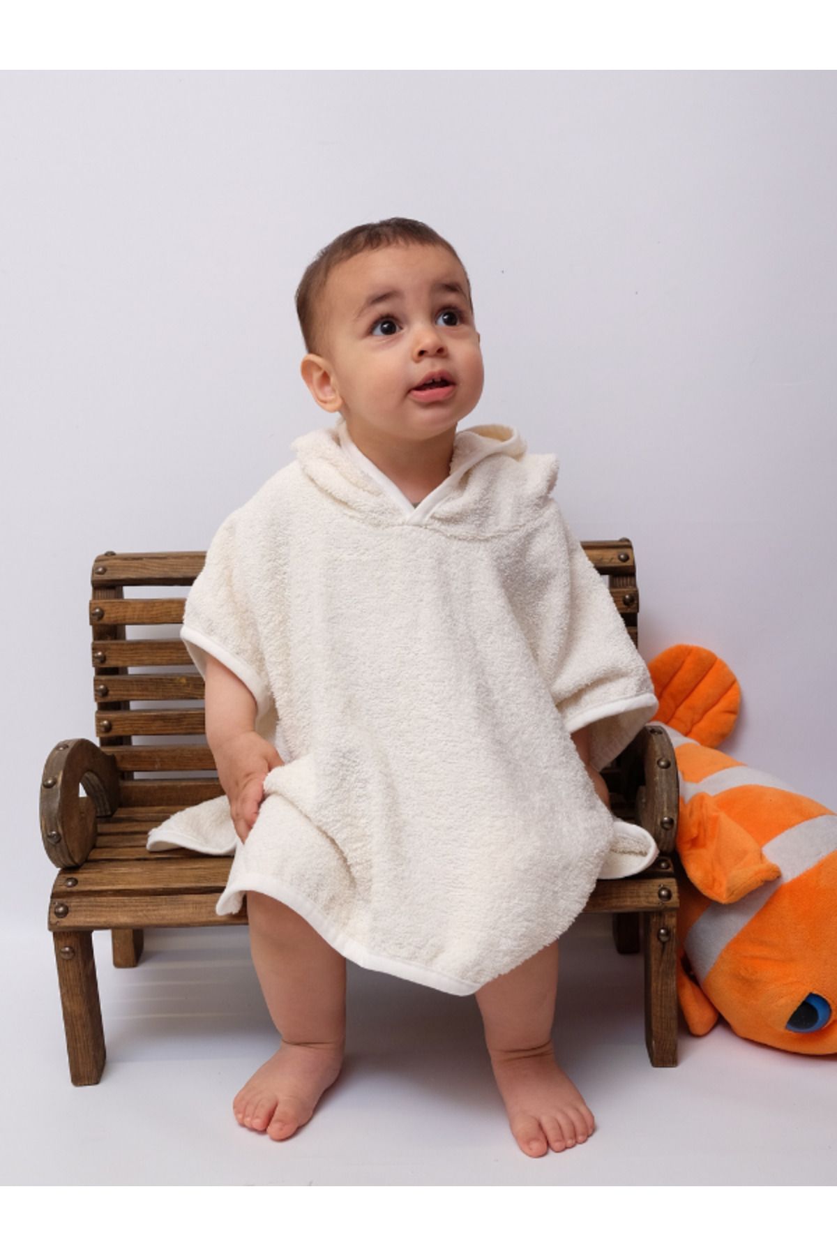 Damla Organik %100 Pamuk Kapşonlu Plaj Çocuk Bebek Panço Bornoz Banyo Havlu Kapüşonlu