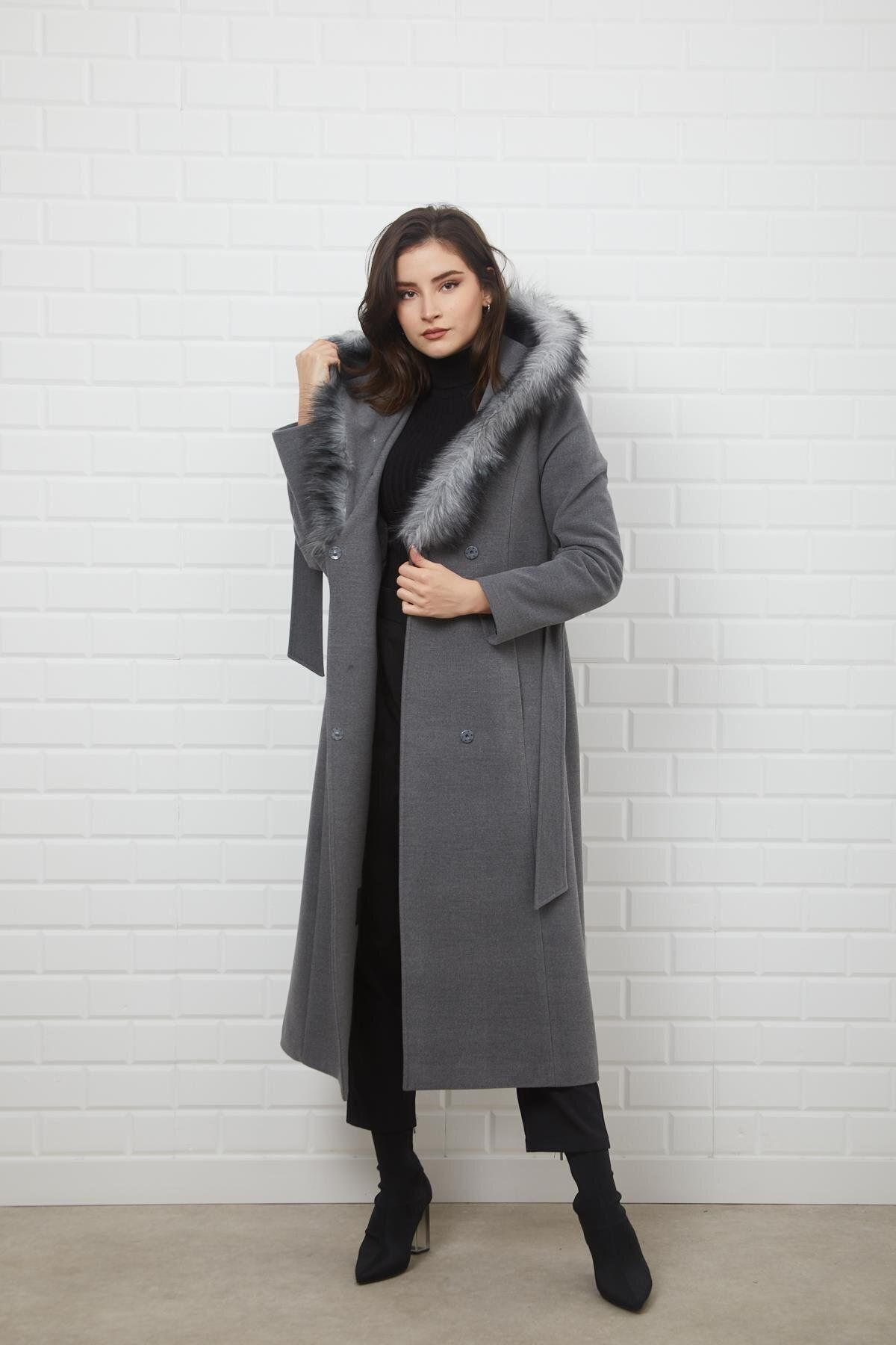 Concept.-Side Tied Snap Closure Hooded Fur Coat Gray 3697 8