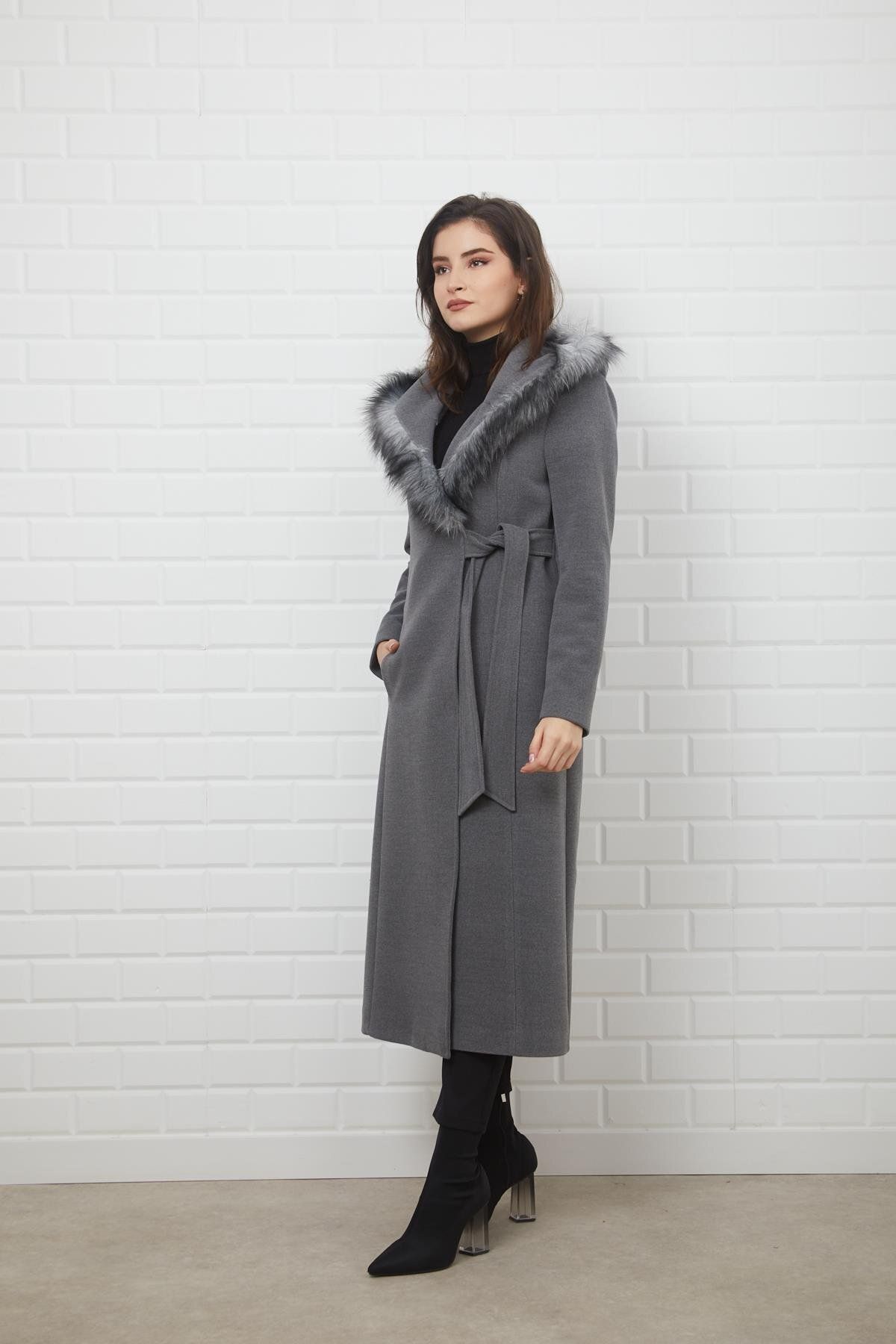 Concept.-Side Tied Snap Closure Hooded Fur Coat Gray 3697 2