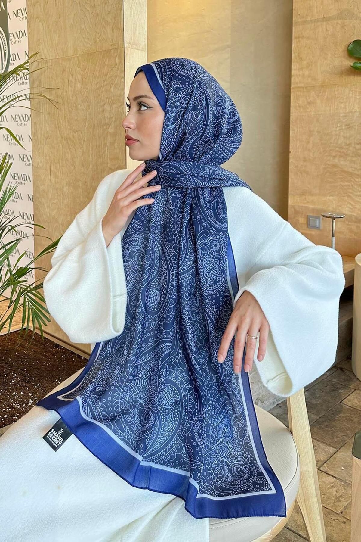 lamelif.com-Retro Pattern Cotton Shawl Navy Blue 2 4