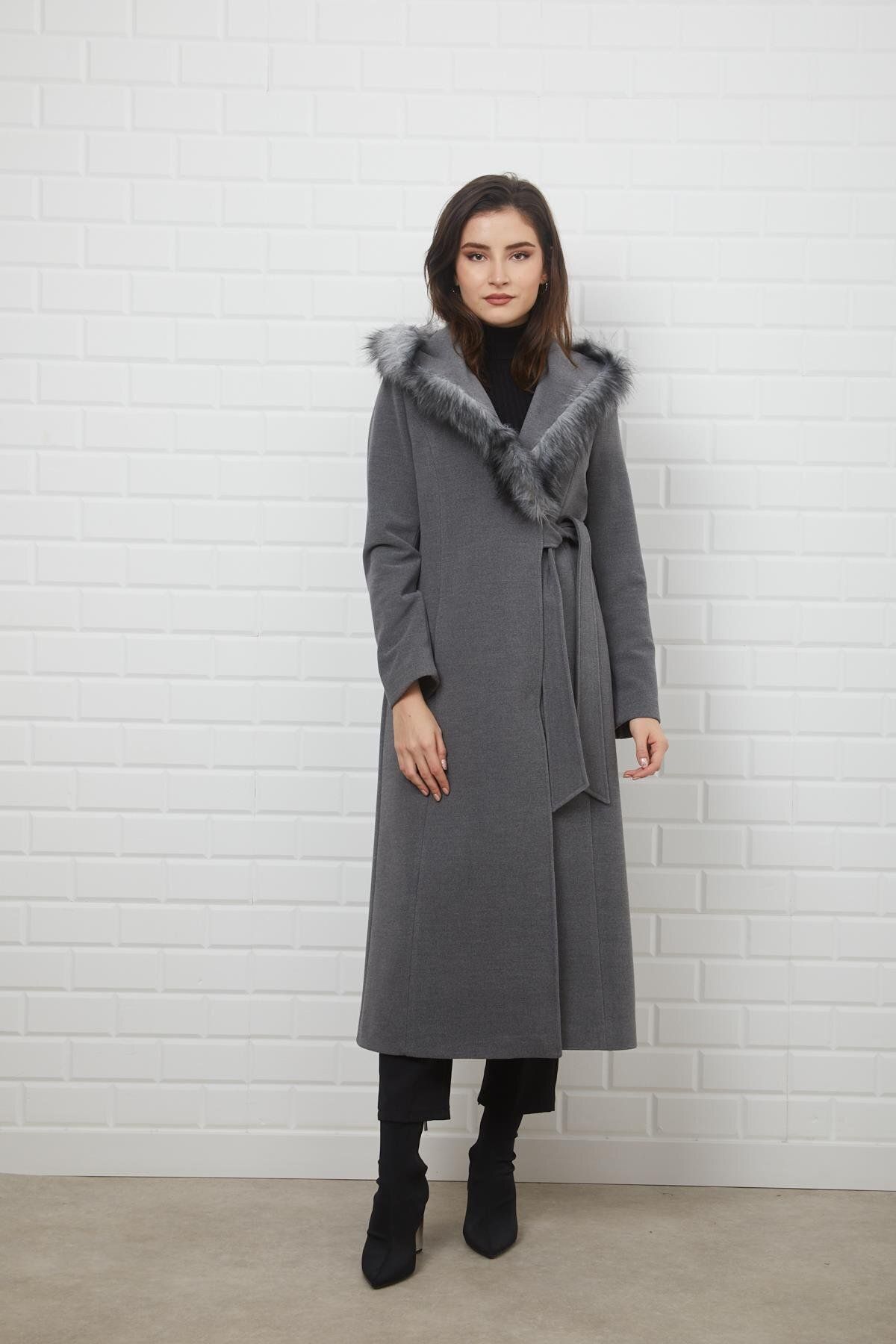 Concept.-Side Tied Snap Closure Hooded Fur Coat Gray 3697 5