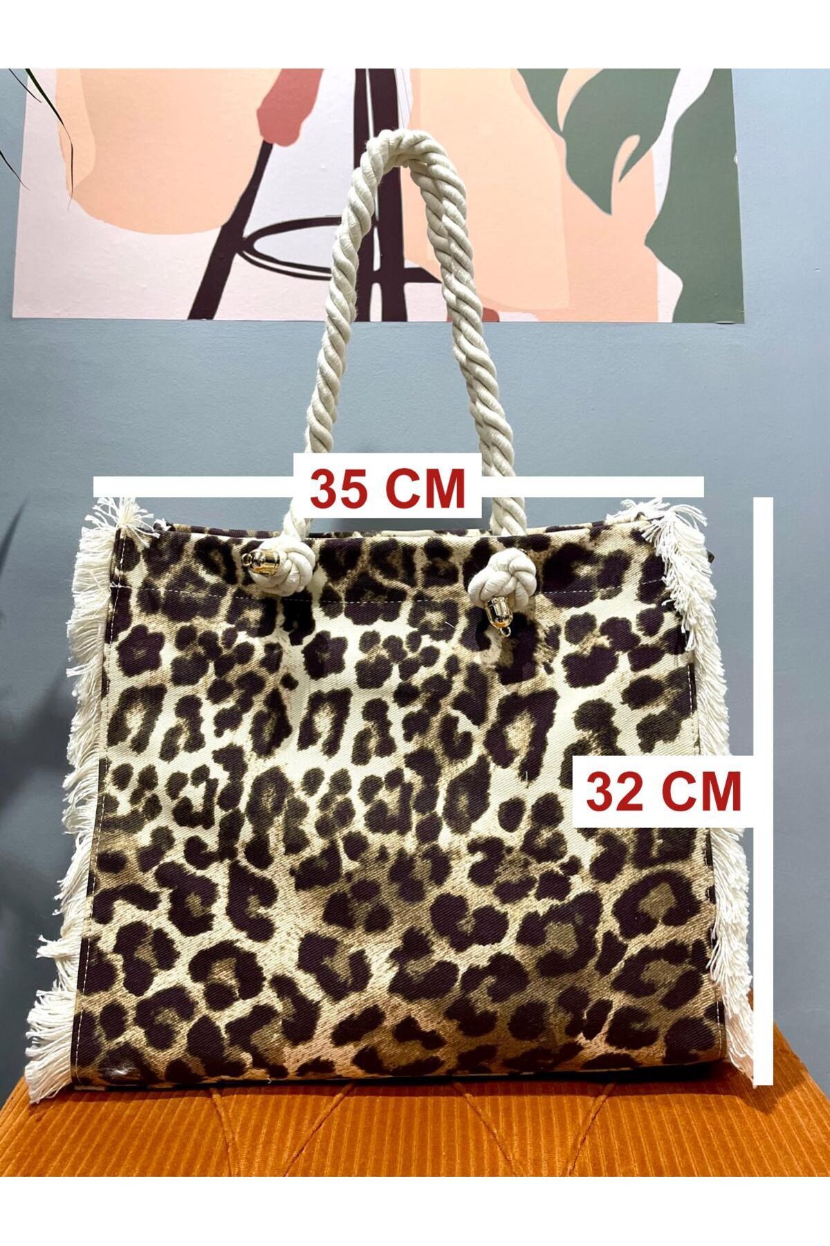 ARZU ÖZEL MODA ATÖLYESİ-Leopard Patterned Fabric Bag with Rope Strap. 2