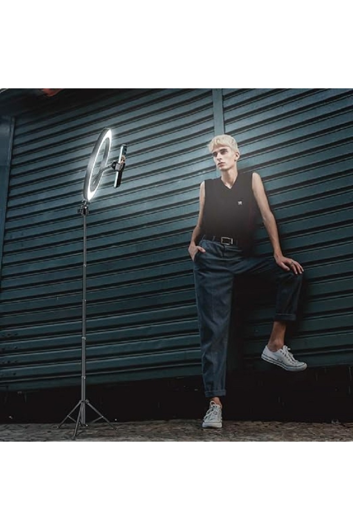 ستاند رينج لايت حلقة إضاءة مع حامل ثلاثي وحامل هاتف، إضاءة ليد دائرية طويلة 120 سم لتصوير السيلفي