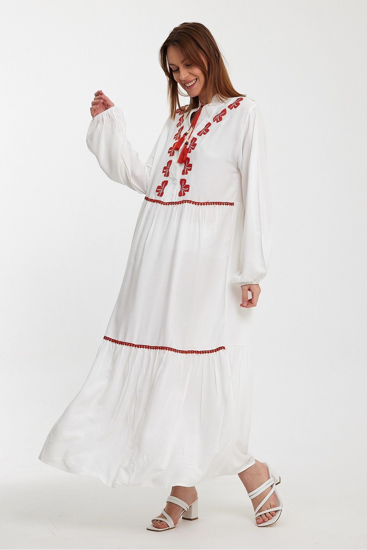 bacc-White Embroidered Long Women's Dress - Woven, Bcvl-241005 5