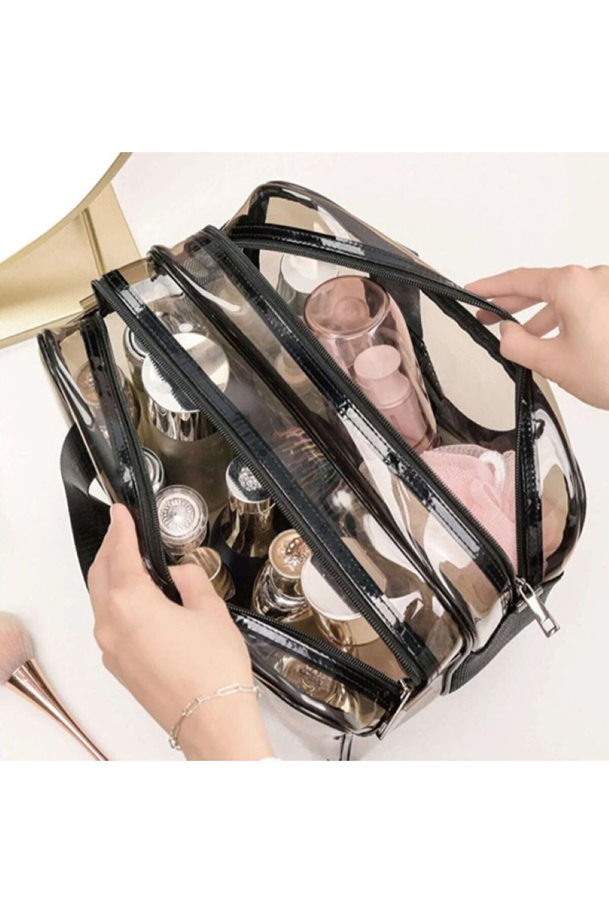 Ecosell-Double Compartment Transparent Mesh Travel Cosmetic Makeup Bag (30*22*16 cm Size) 4