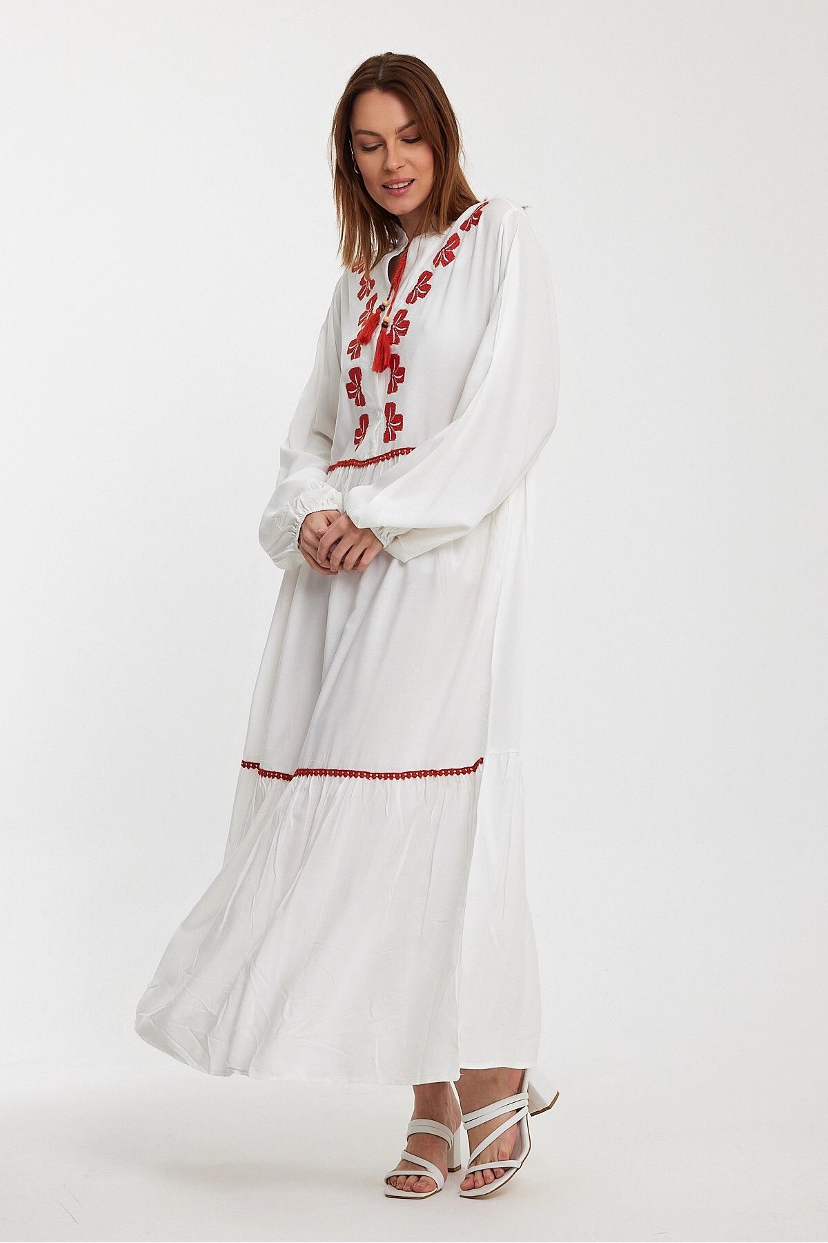 bacc-White Embroidered Long Women's Dress - Woven, Bcvl-241005 7