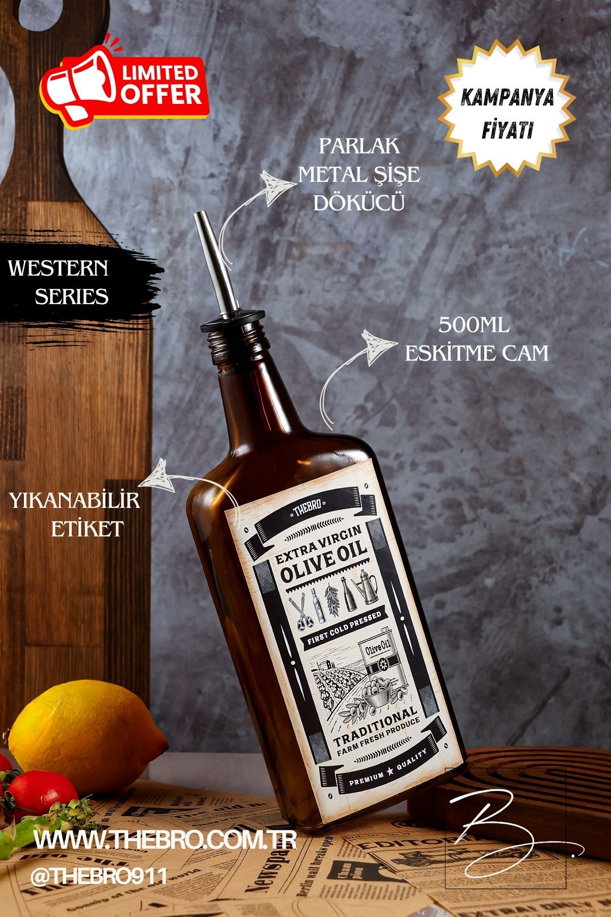 TheBRo 500ML Eskitme Amber Renkli Western Serisi Zeytinyağı Şişesi Parlak Metal Dökücülü